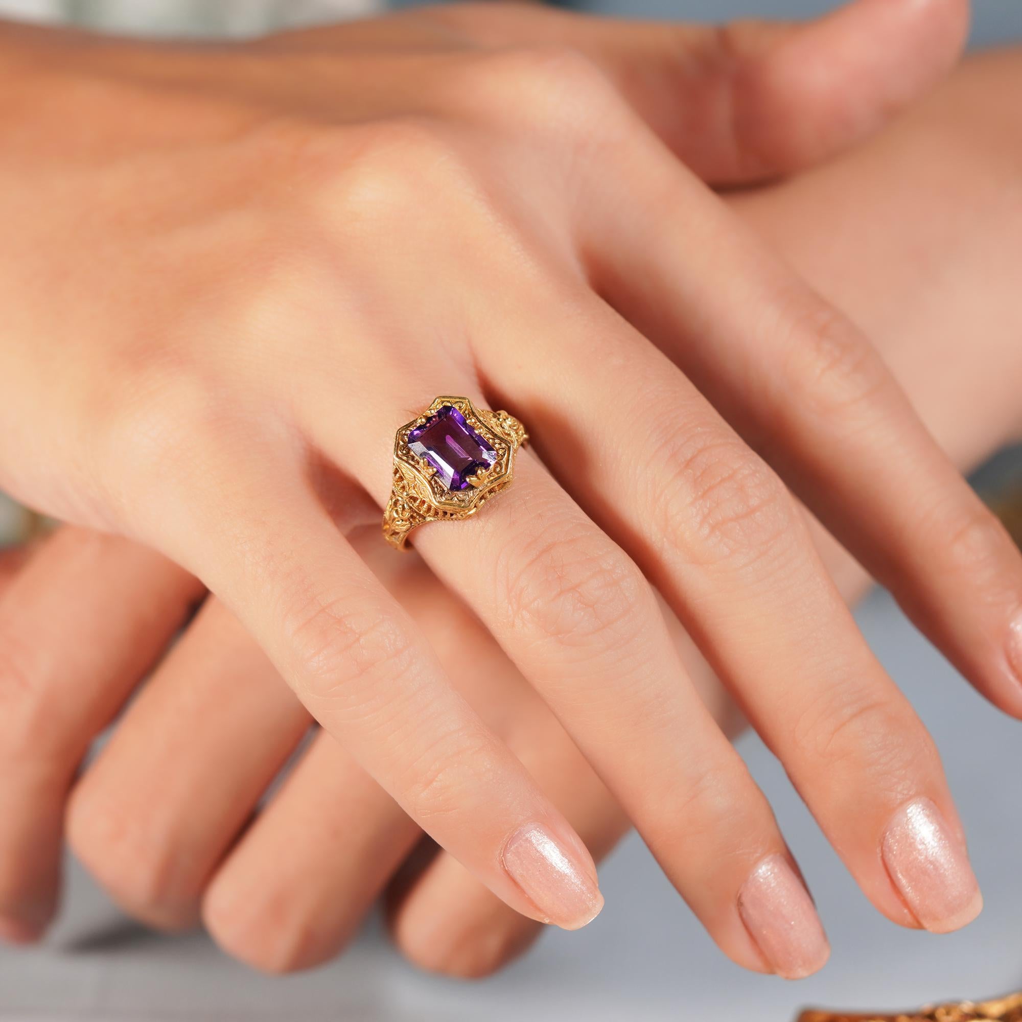 For Sale:  Natural Emerald Cut Amethyst Vintage Style Filigree Ring in Solid 9K Yellow Gold 10