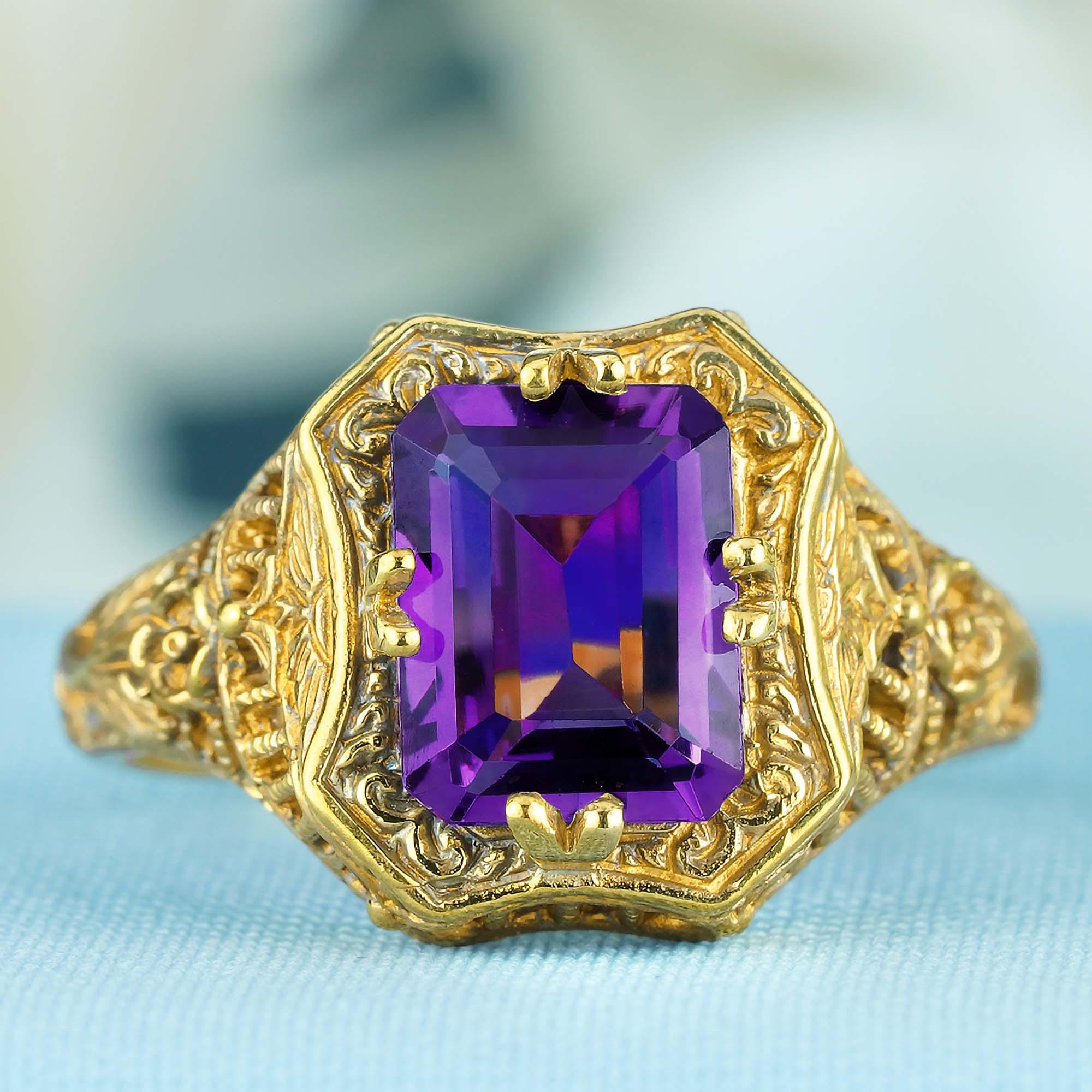 For Sale:  Natural Emerald Cut Amethyst Vintage Style Filigree Ring in Solid 9K Yellow Gold 3