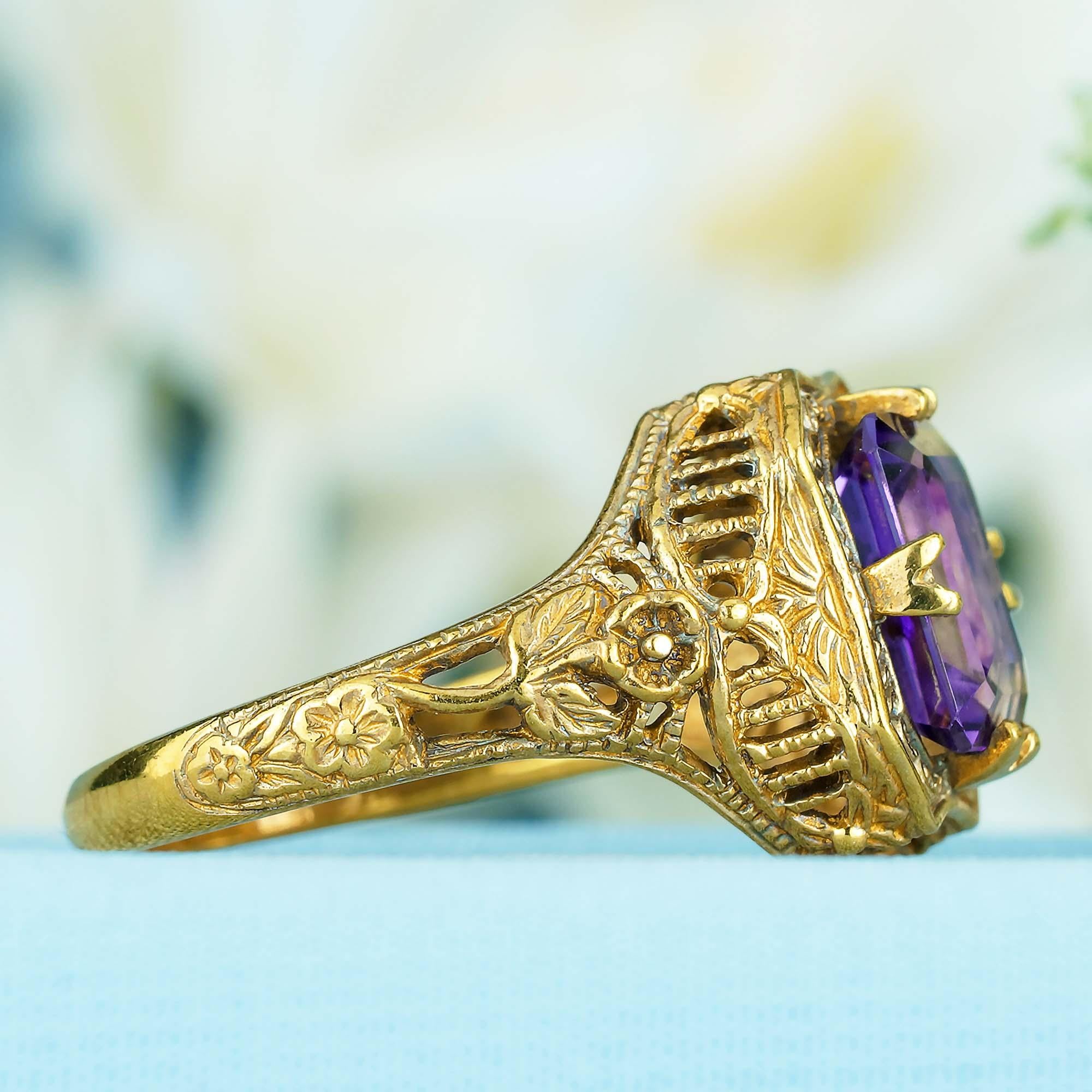 For Sale:  Natural Emerald Cut Amethyst Vintage Style Filigree Ring in Solid 9K Yellow Gold 4