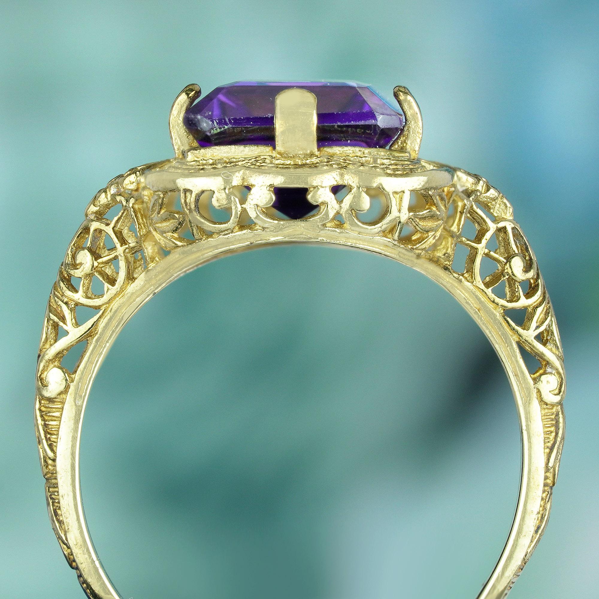 Women's Natural Emerald Cut Amethyst Vintage Style Filigree Ring in Solid 9K Yellow Gold For Sale
