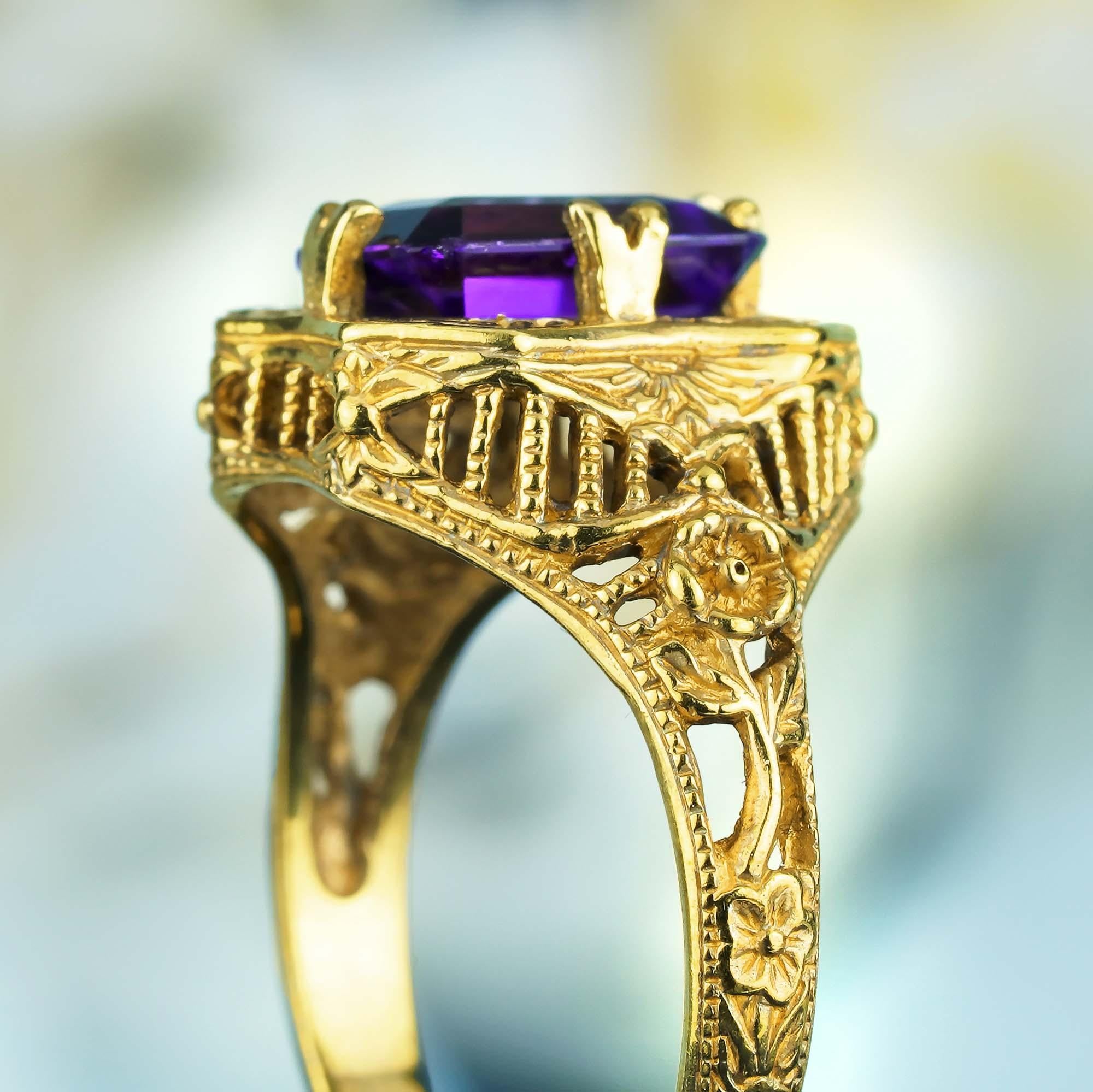 For Sale:  Natural Emerald Cut Amethyst Vintage Style Filigree Ring in Solid 9K Yellow Gold 6