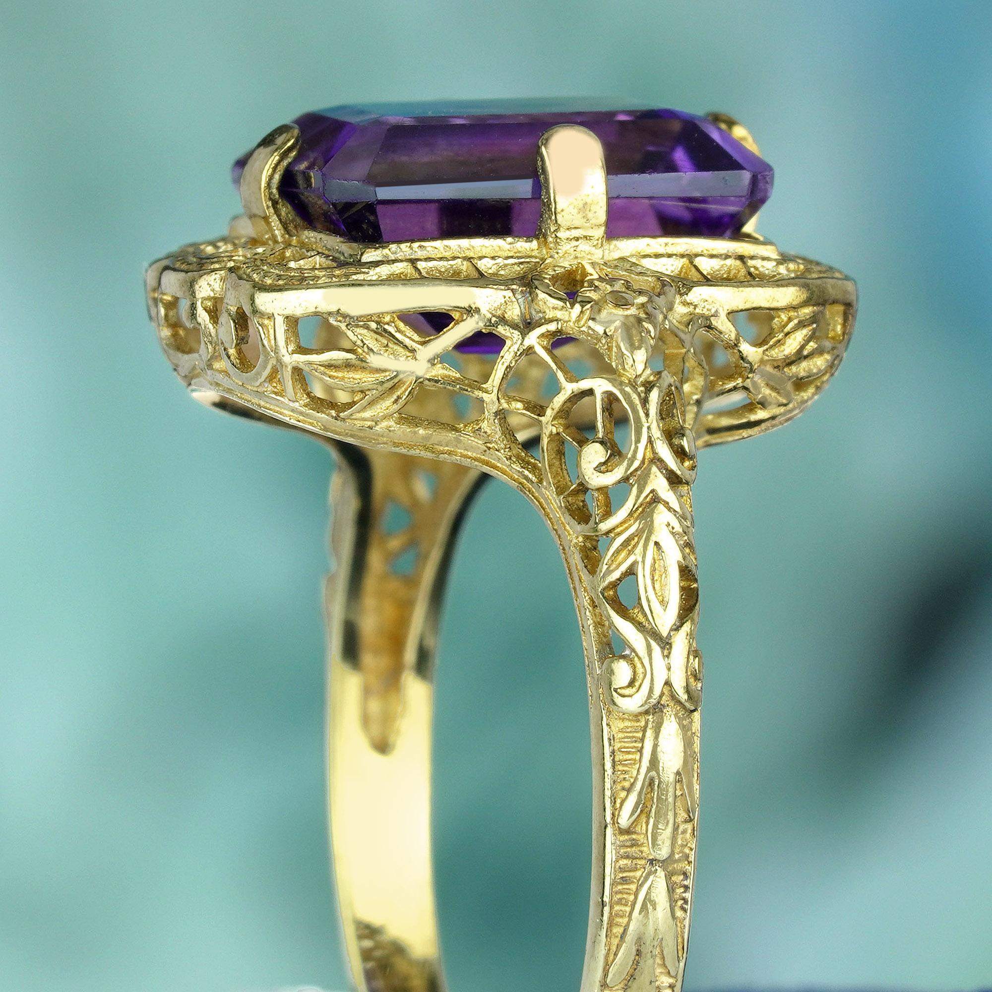 Natural Emerald Cut Amethyst Vintage Style Filigree Ring in Solid 9K Yellow Gold For Sale 1