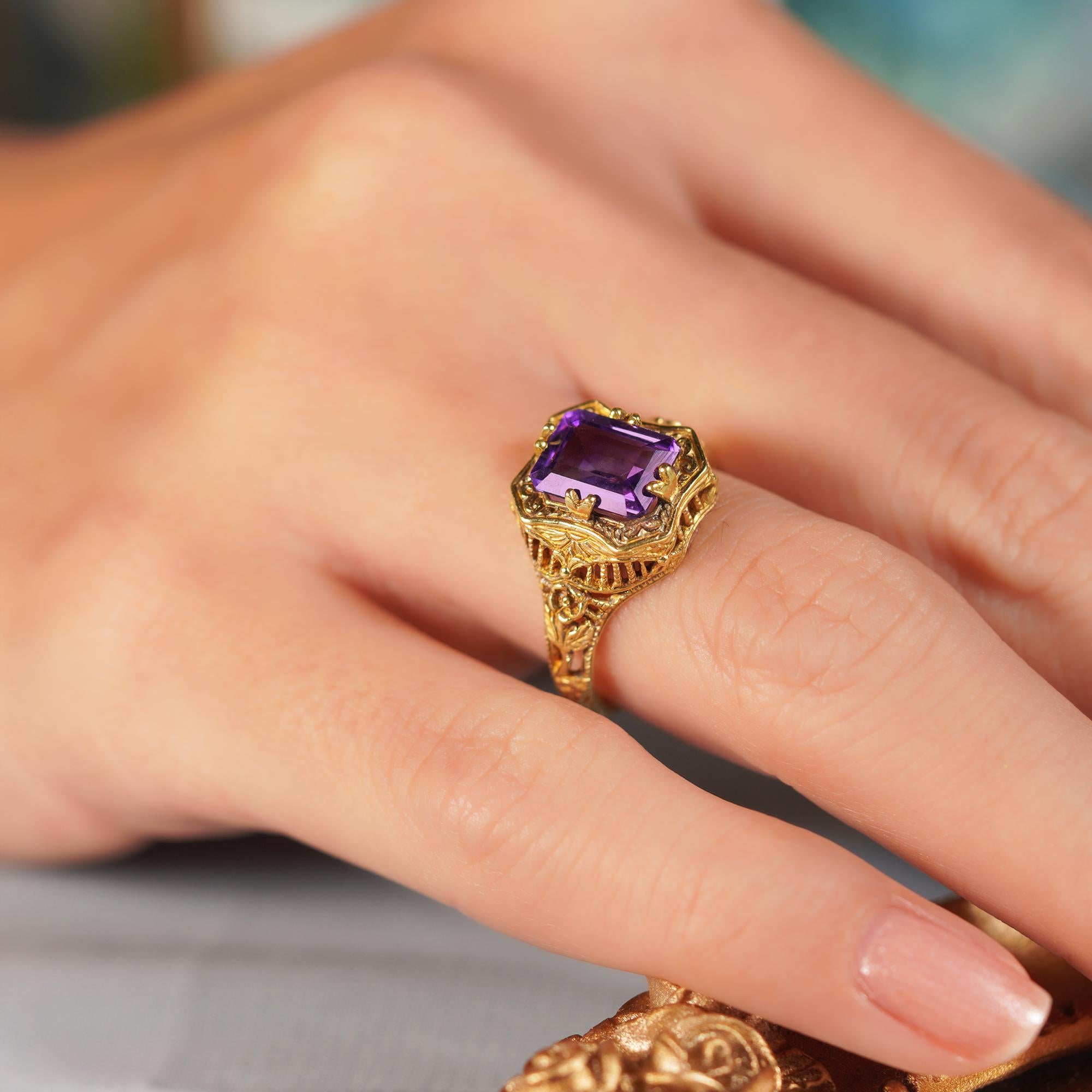 For Sale:  Natural Emerald Cut Amethyst Vintage Style Filigree Ring in Solid 9K Yellow Gold 7