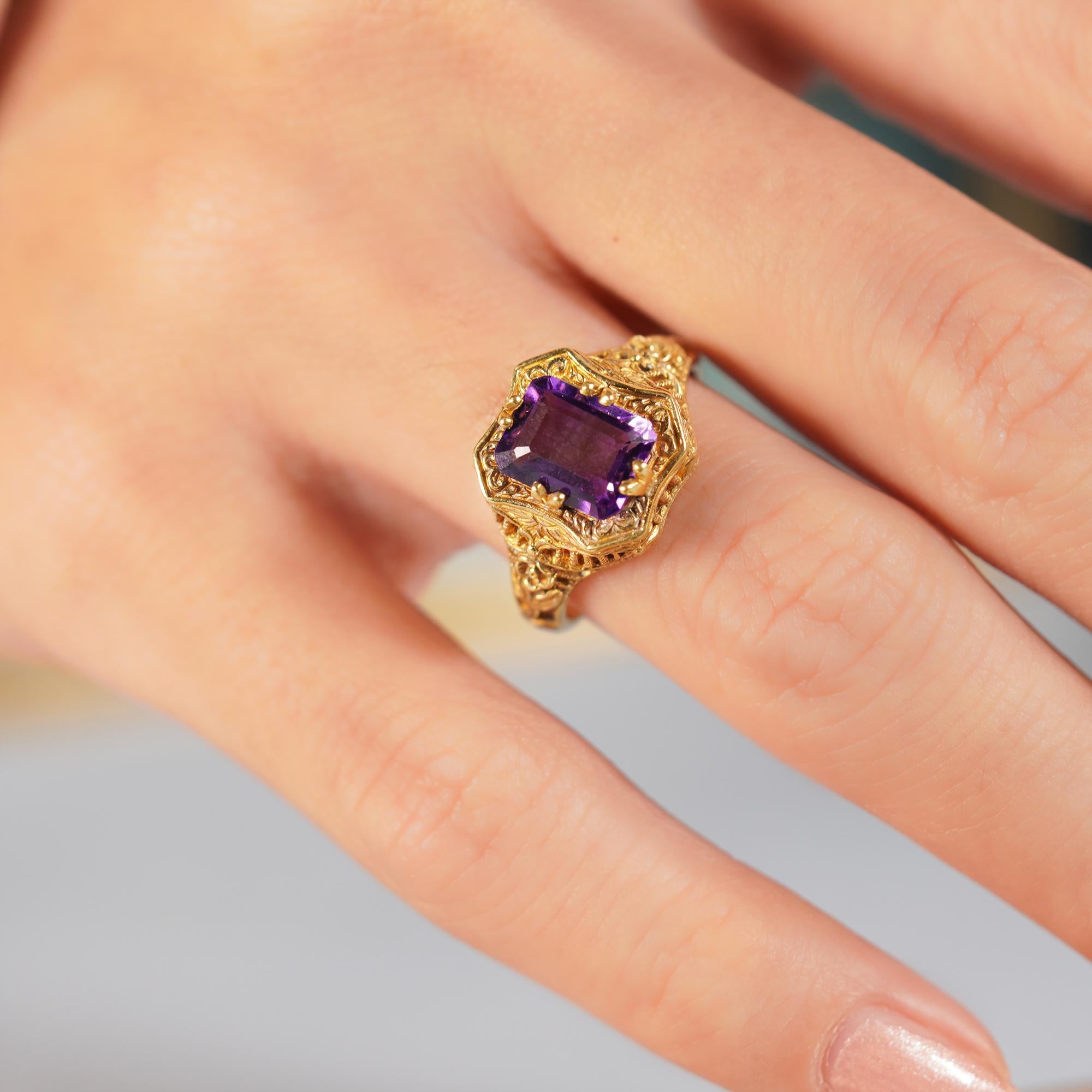 For Sale:  Natural Emerald Cut Amethyst Vintage Style Filigree Ring in Solid 9K Yellow Gold 8