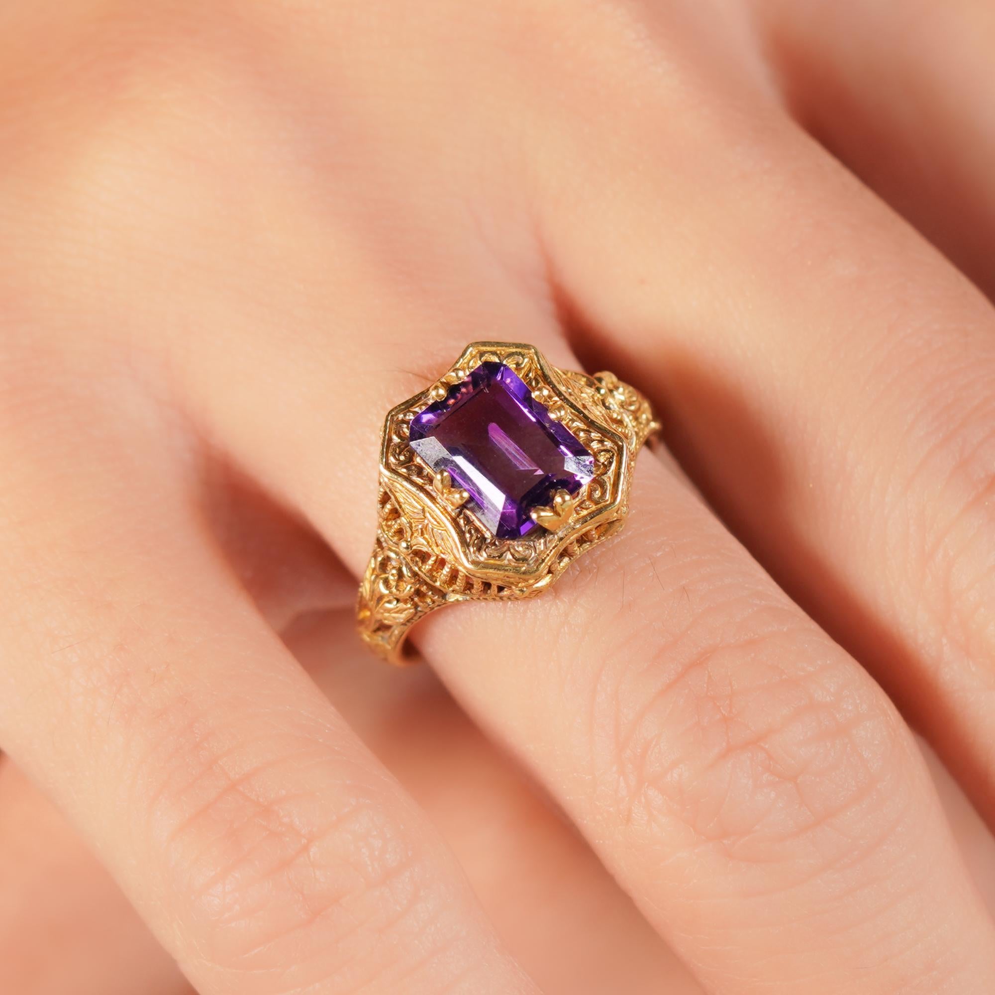 For Sale:  Natural Emerald Cut Amethyst Vintage Style Filigree Ring in Solid 9K Yellow Gold 9