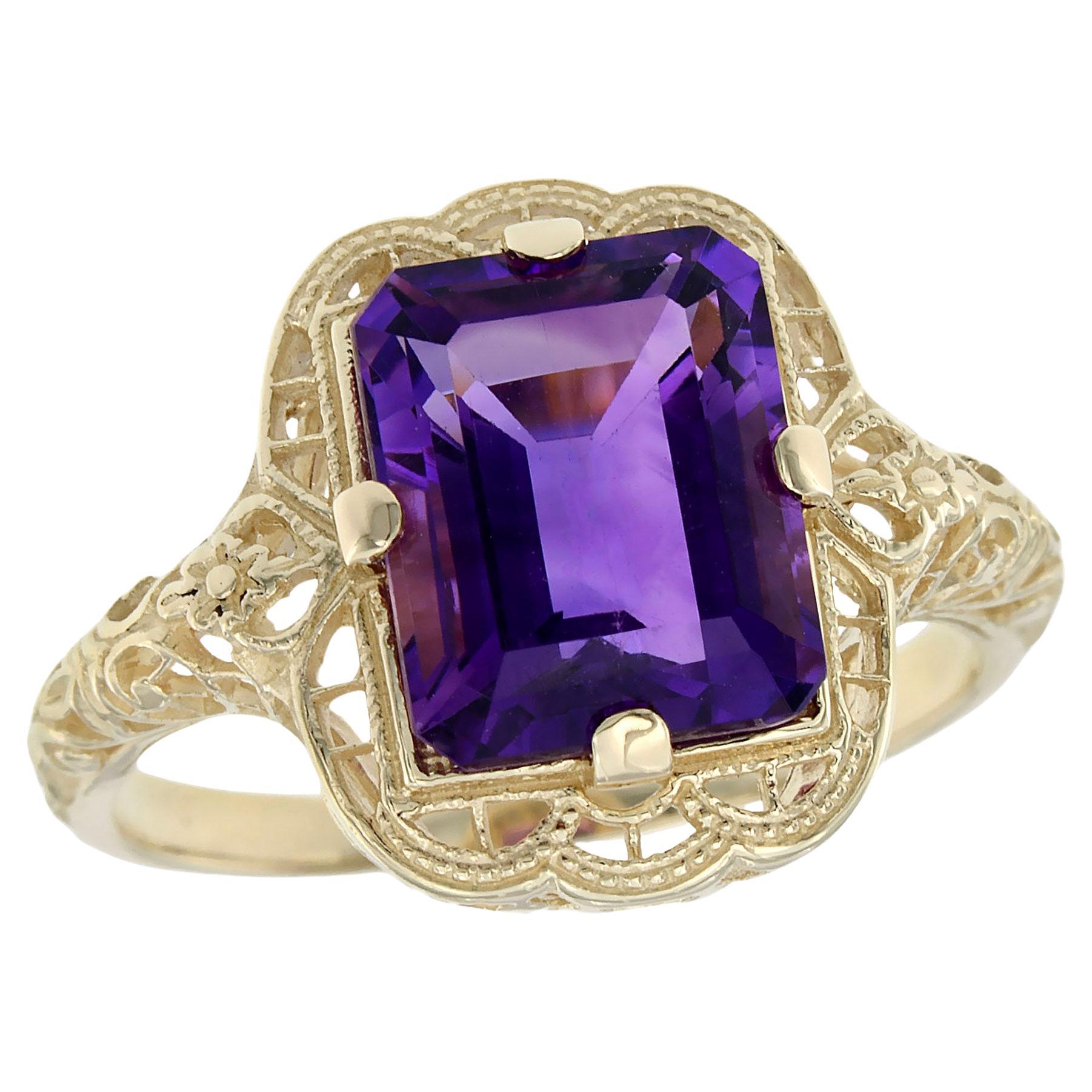 Natural Emerald Cut Amethyst Vintage Style Filigree Ring in Solid 9K Yellow Gold For Sale