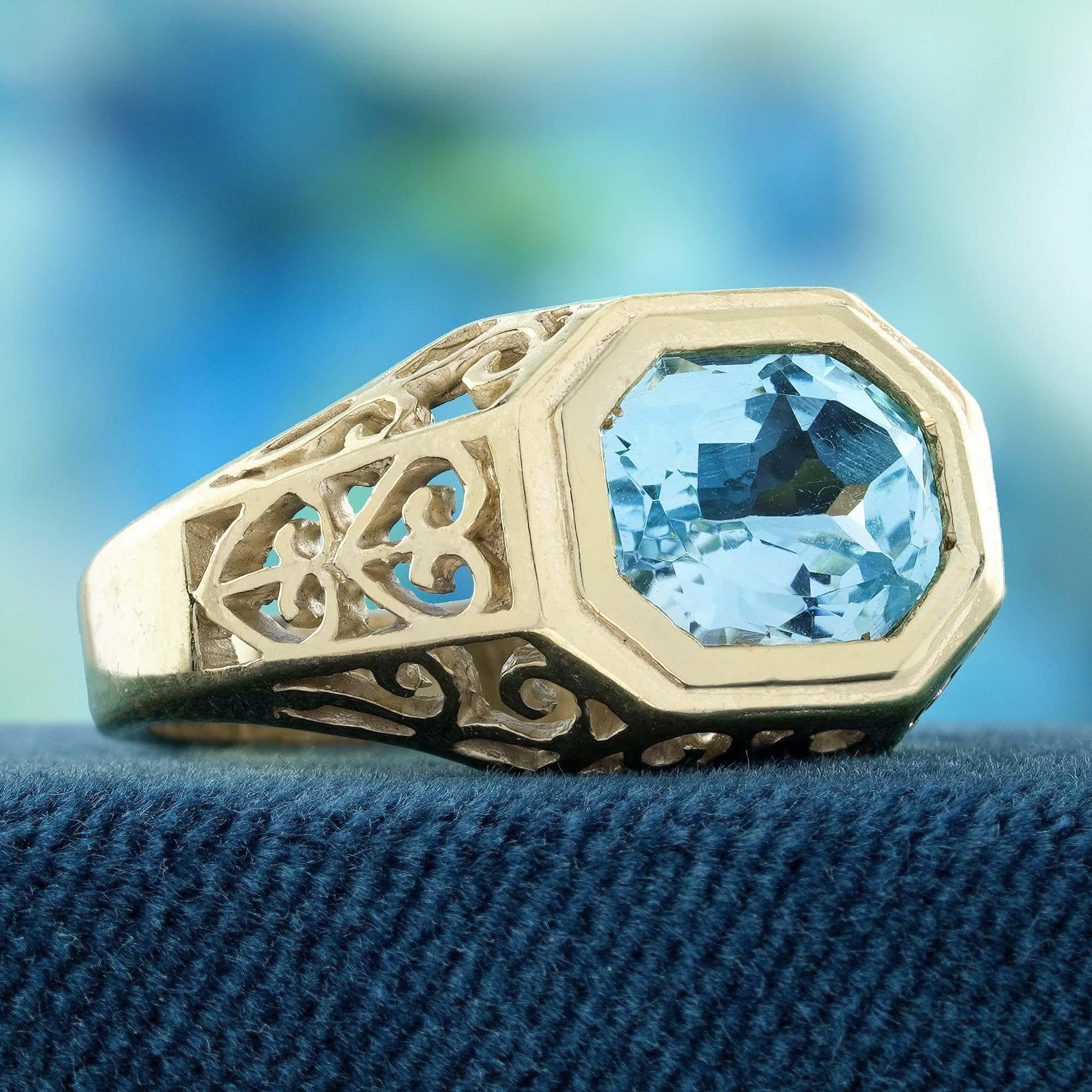 Edwardian Natural Emerald Cut Blue Topaz Antique Style Filigree Ring in 9K Yellow Gold For Sale