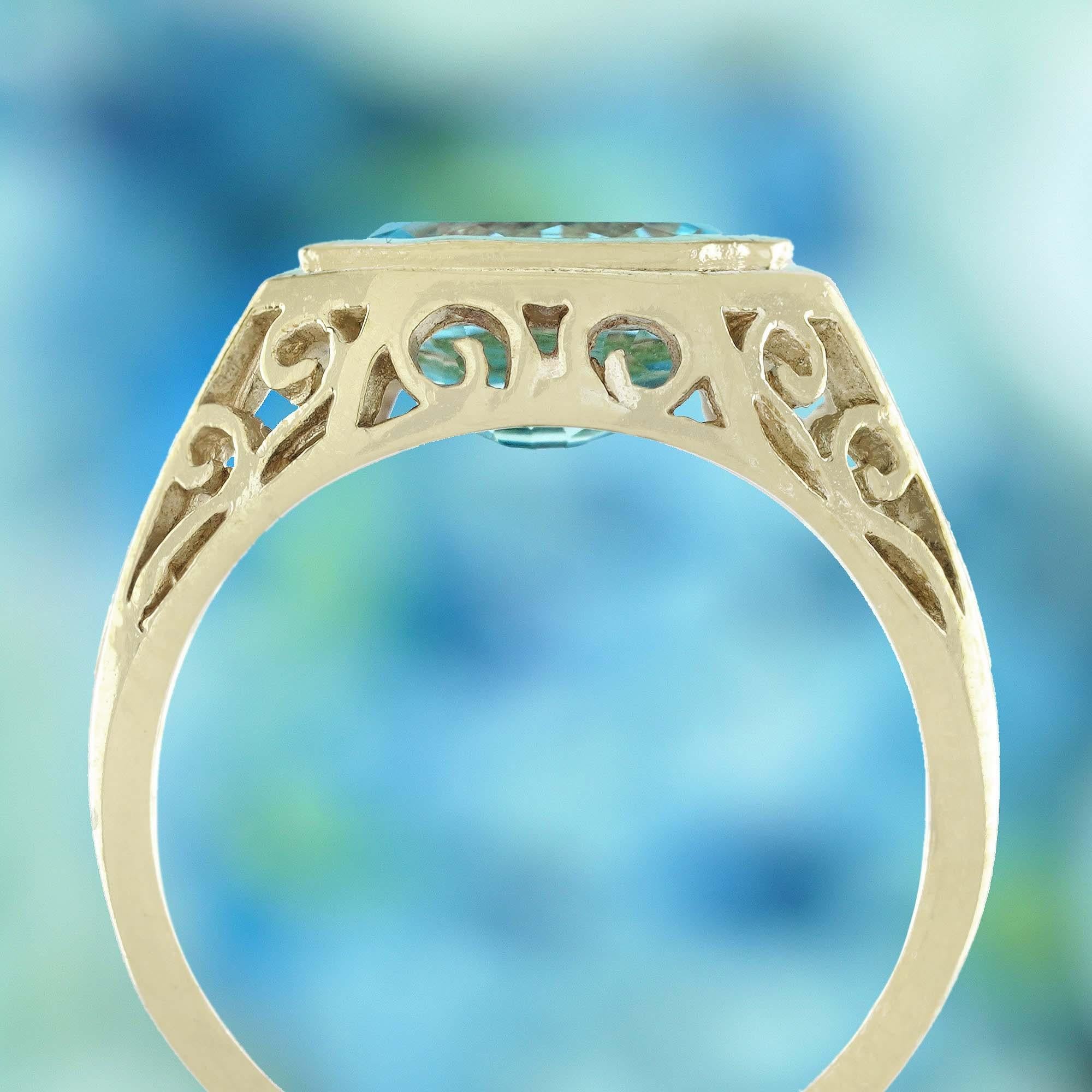 Anello filigranato in stile antico in oro giallo 9K con topazio blu taglio smeraldo Nature In condizioni Nuovo in vendita a Bangkok, TH