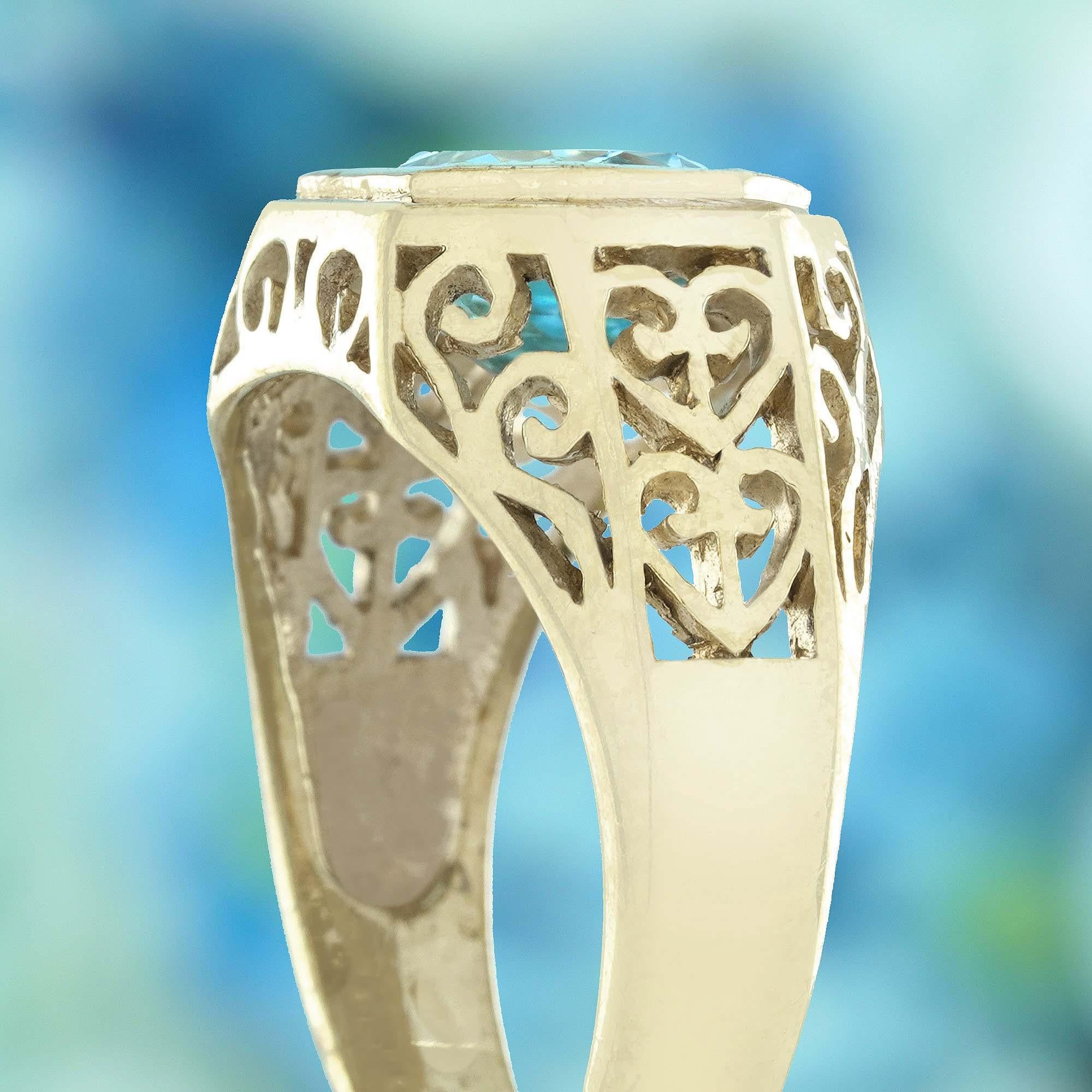 Natural Emerald Cut Blue Topaz Antique Style Filigree Ring in 9K Yellow Gold For Sale 1