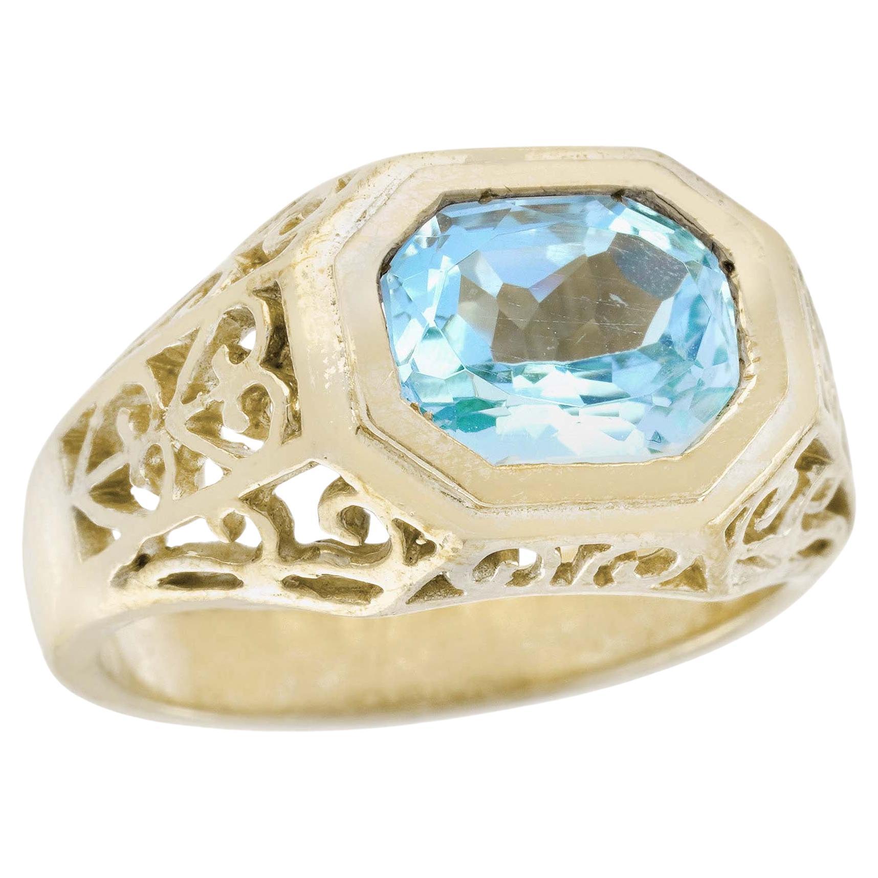 Natural Emerald Cut Blue Topaz Antique Style Filigree Ring in 9K Yellow Gold