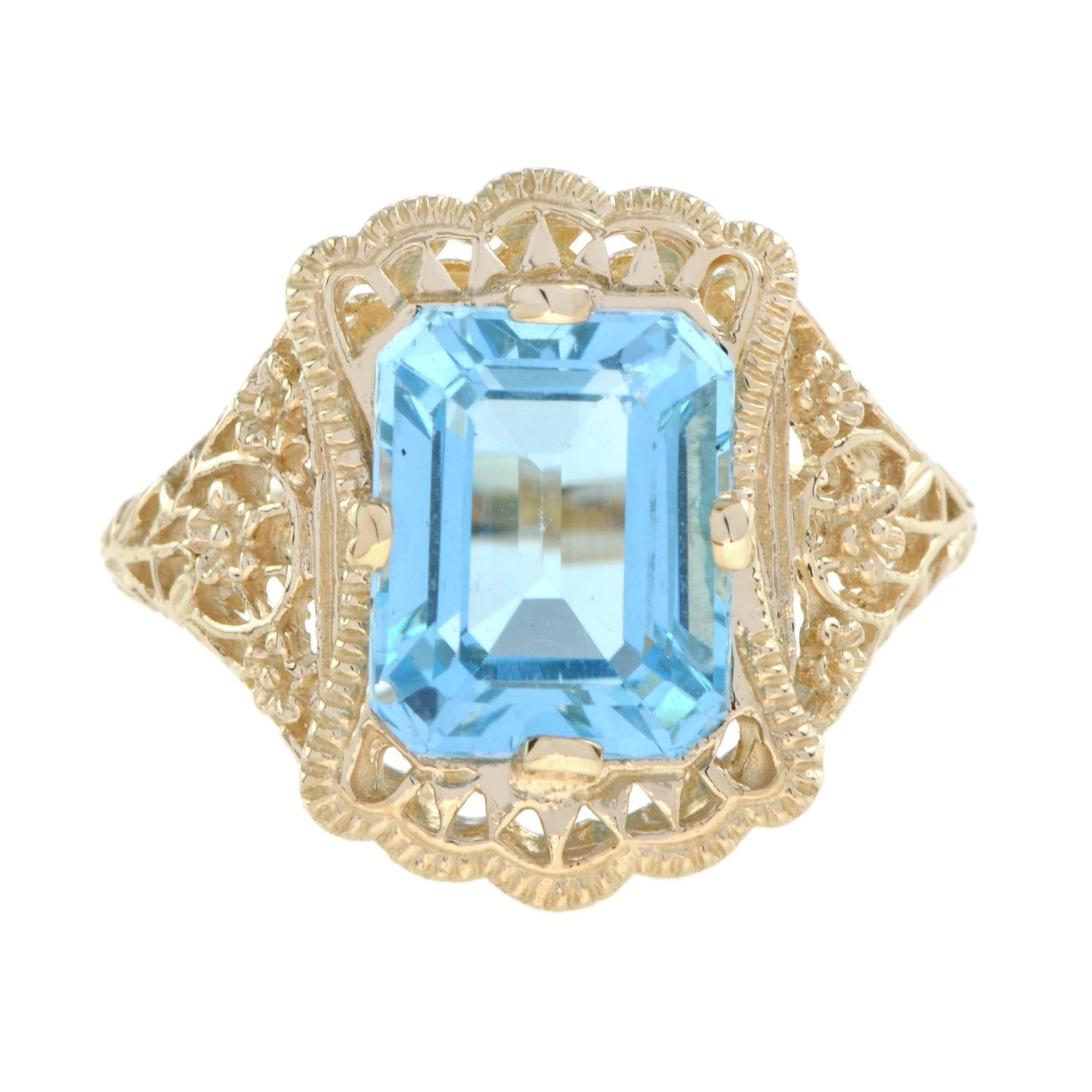 Art Deco Natural Emerald Cut Blue Topaz Filigree Ring in Solid 14k Yellow Gold