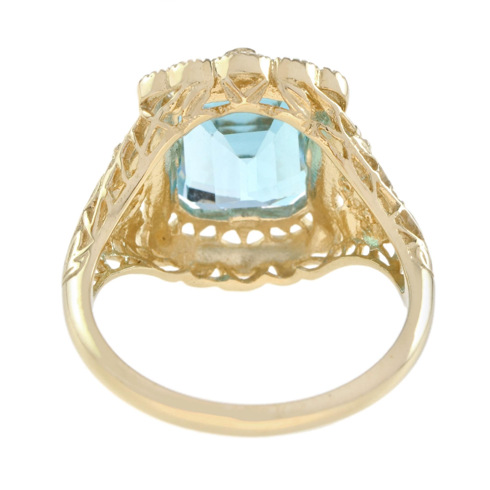 Women's Natural Emerald Cut Blue Topaz Filigree Ring in Solid 14k Yellow Gold