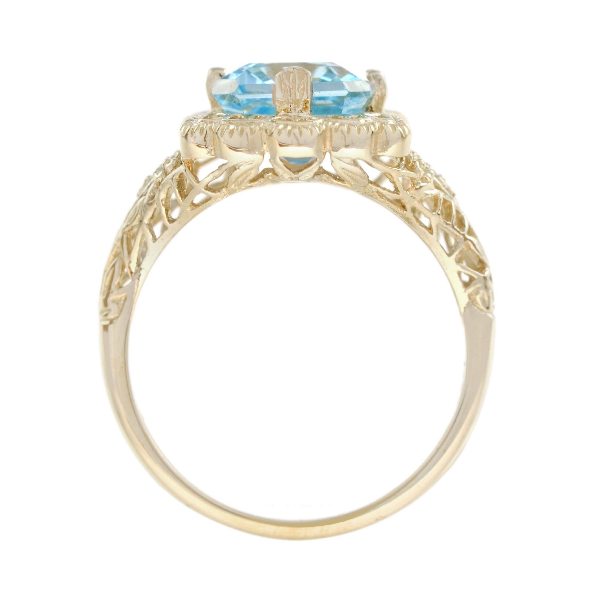 Natural Emerald Cut Blue Topaz Filigree Ring in Solid 14k Yellow Gold 1