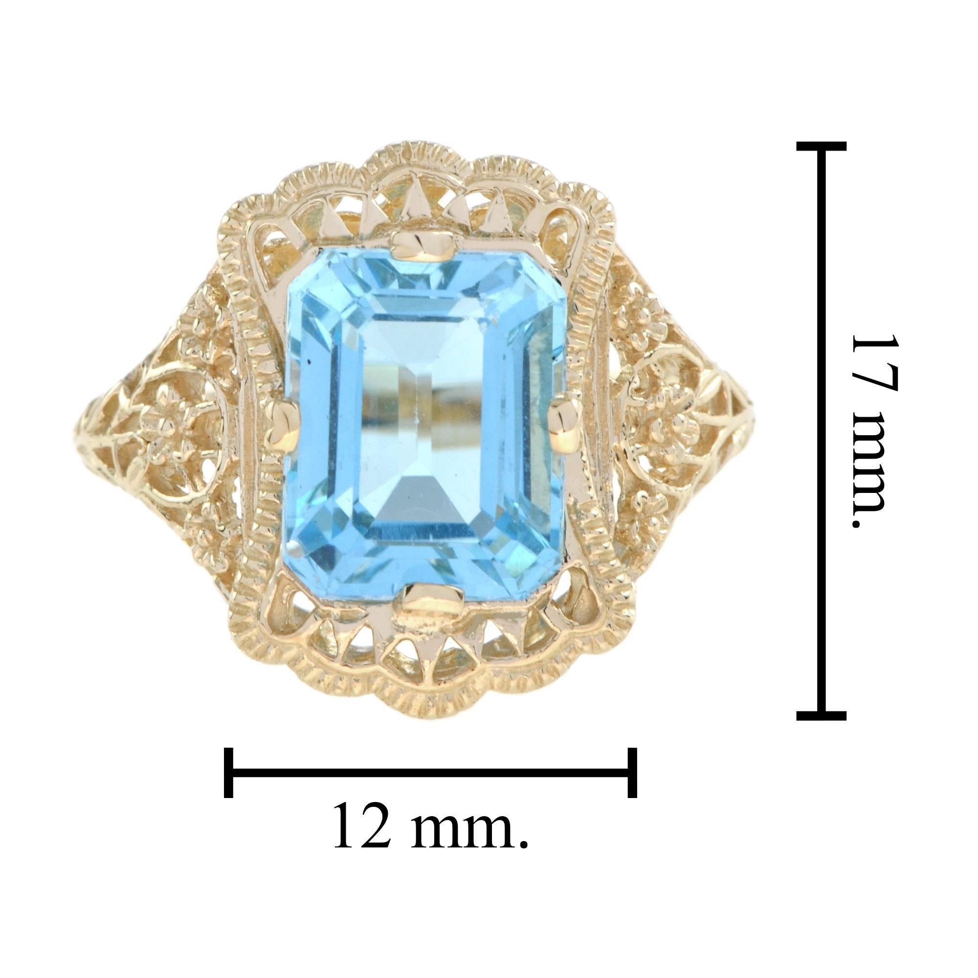 Natural Emerald Cut Blue Topaz Filigree Ring in Solid 14k Yellow Gold 2