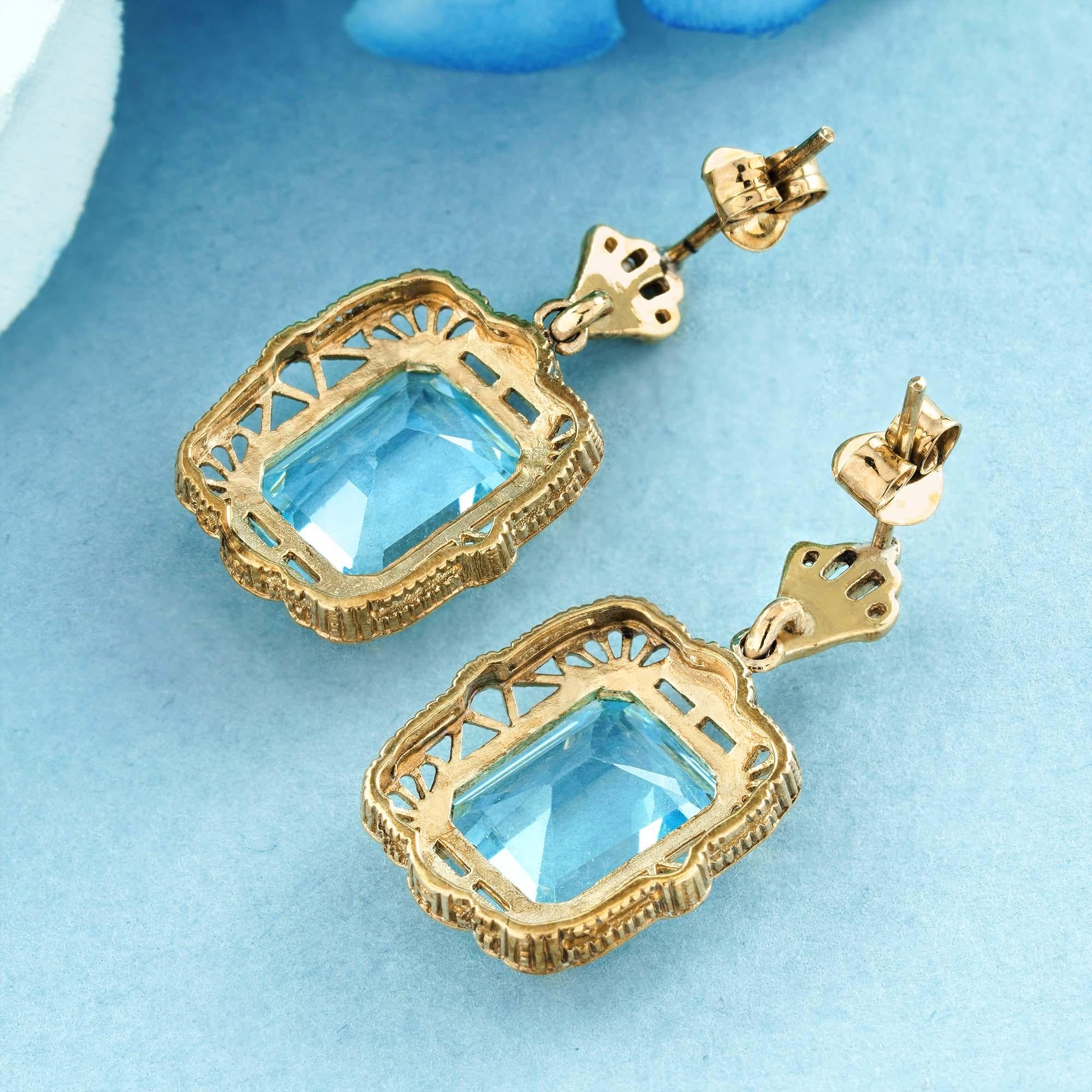 Natural Emerald Cut Blue Topaz Vintage Style Filigree Drop Earrings in 9K Gold In New Condition For Sale In Bangkok, TH