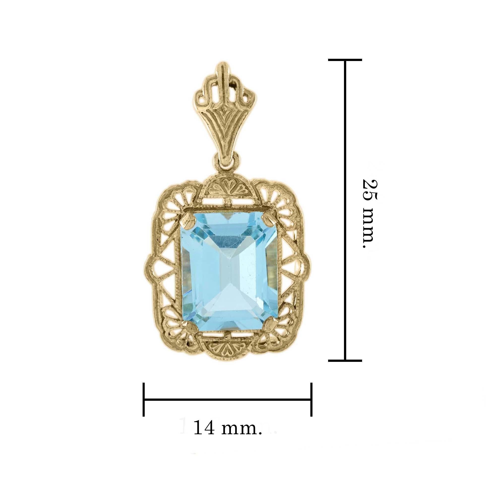 Women's Natural Emerald Cut Blue Topaz Vintage Style Filigree Drop Earrings in 9K Gold For Sale