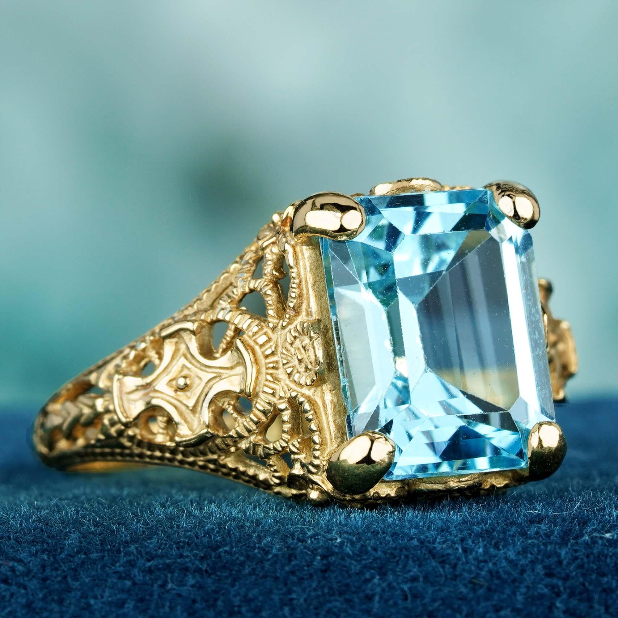 For Sale:  Natural Emerald Cut Blue Topaz Vintage Style Filigree Ring in Solid 9K Gold  2