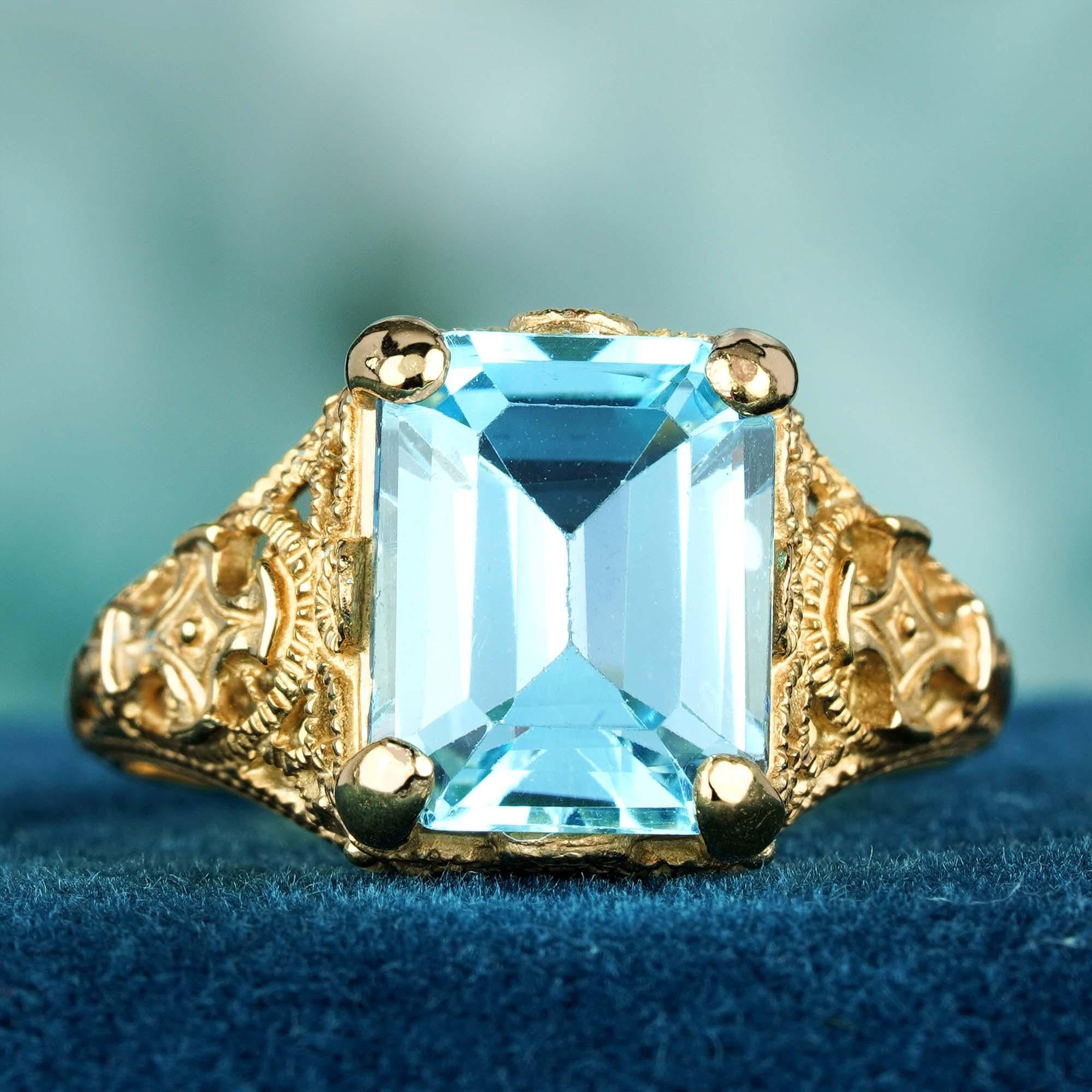 For Sale:  Natural Emerald Cut Blue Topaz Vintage Style Filigree Ring in Solid 9K Gold  3