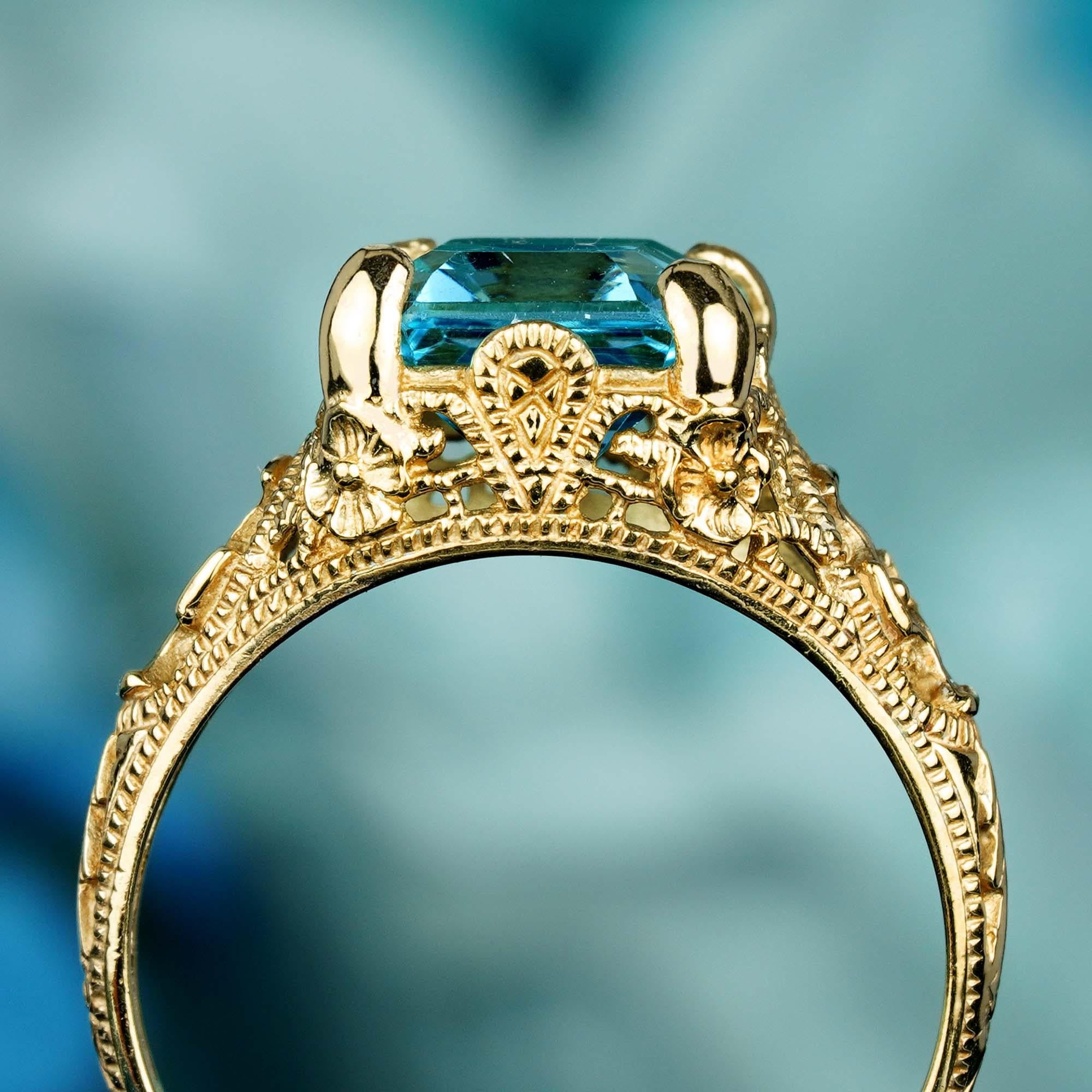 For Sale:  Natural Emerald Cut Blue Topaz Vintage Style Filigree Ring in Solid 9K Gold  5