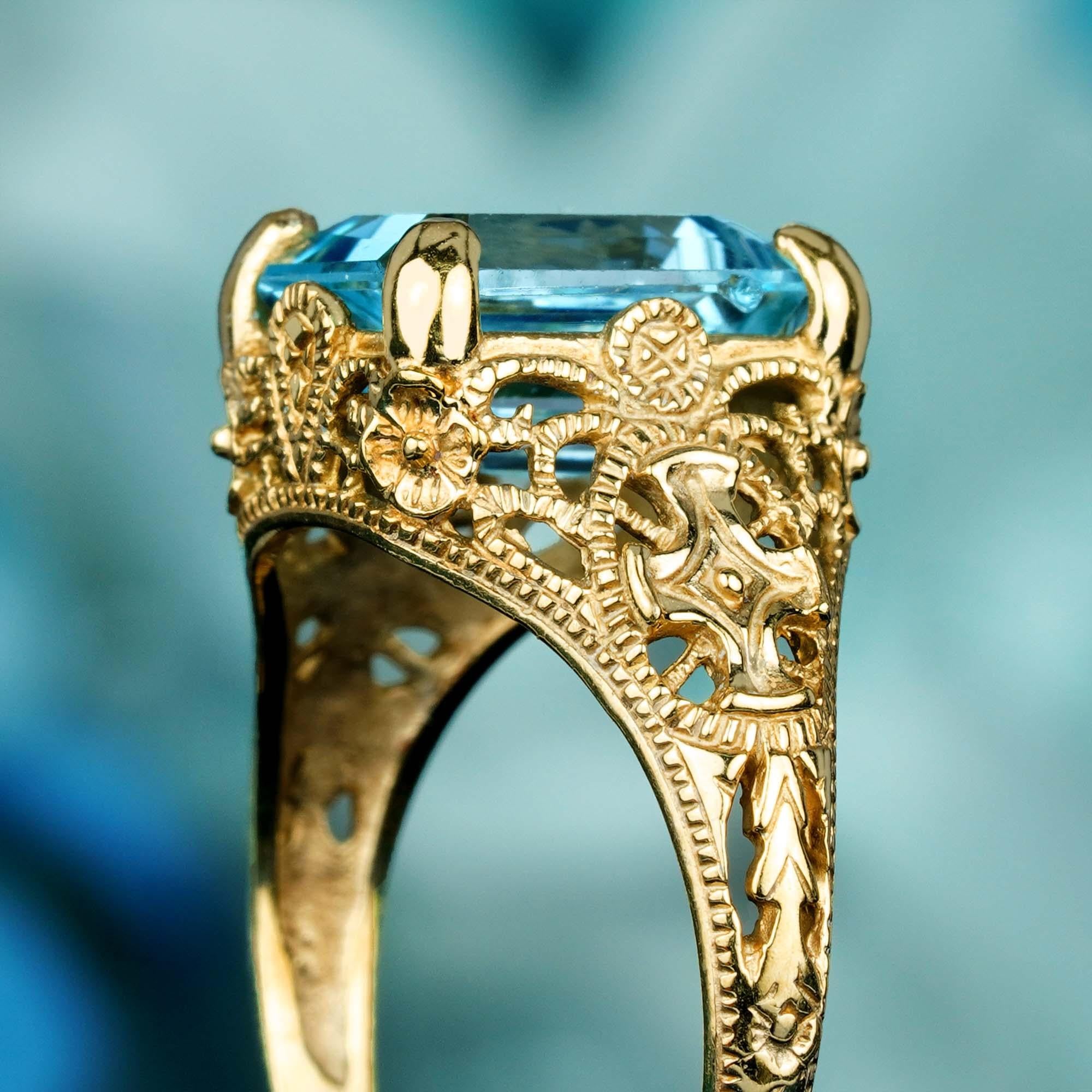 For Sale:  Natural Emerald Cut Blue Topaz Vintage Style Filigree Ring in Solid 9K Gold  6