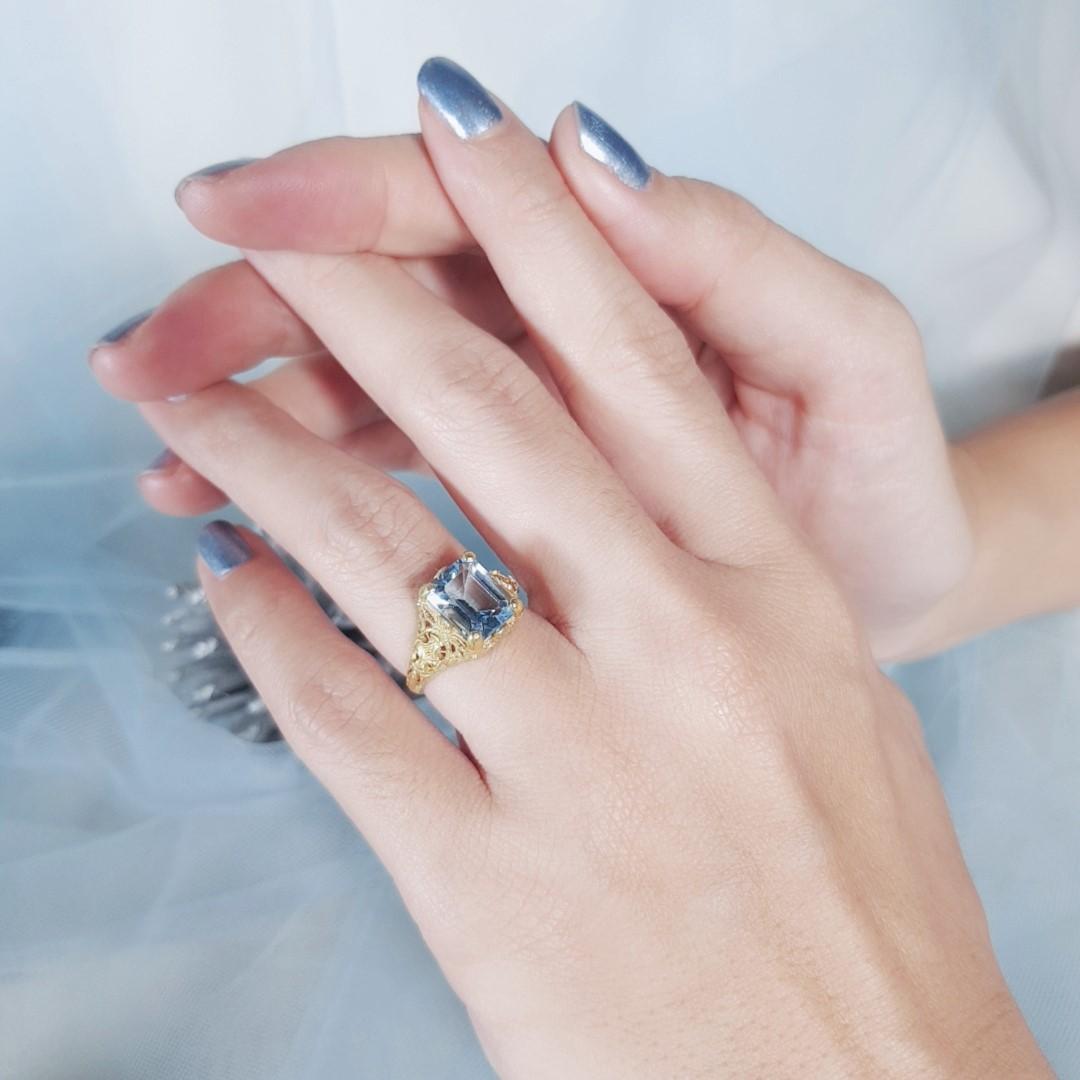 Natural Emerald Cut Blue Topaz Vintage Style Filigree Ring in Solid 9K Gold 7