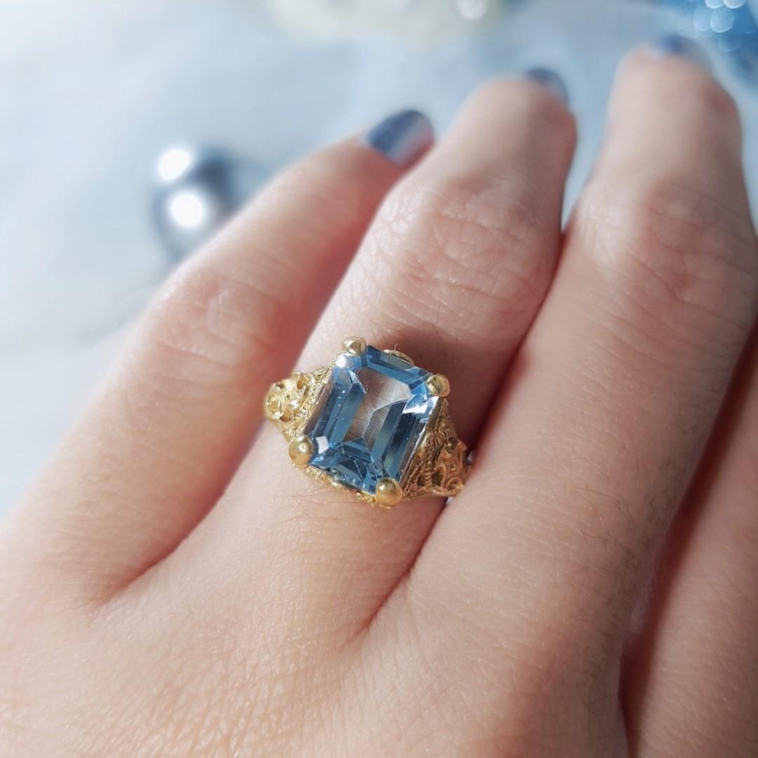 For Sale:  Natural Emerald Cut Blue Topaz Vintage Style Filigree Ring in Solid 9K Gold  8
