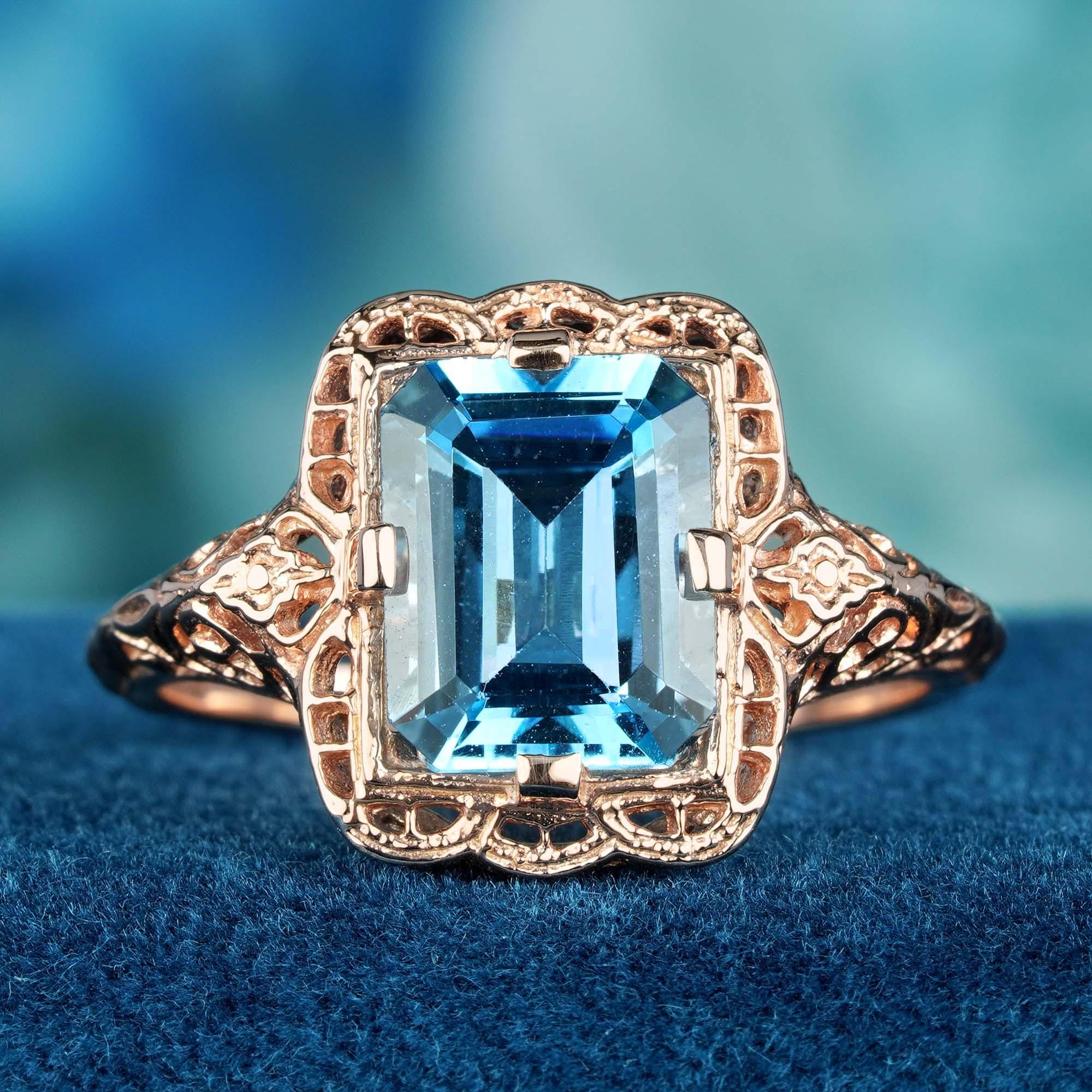 Edwardian Natural Emerald Cut Blue Topaz Vintage Style Filigree Ring in Solid 9K Rose Gold For Sale