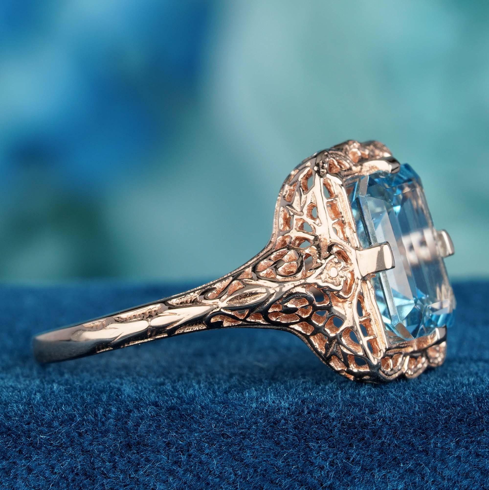Natural Emerald Cut Blue Topaz Vintage Style Filigree Ring in Solid 9K Rose Gold In New Condition For Sale In Bangkok, TH