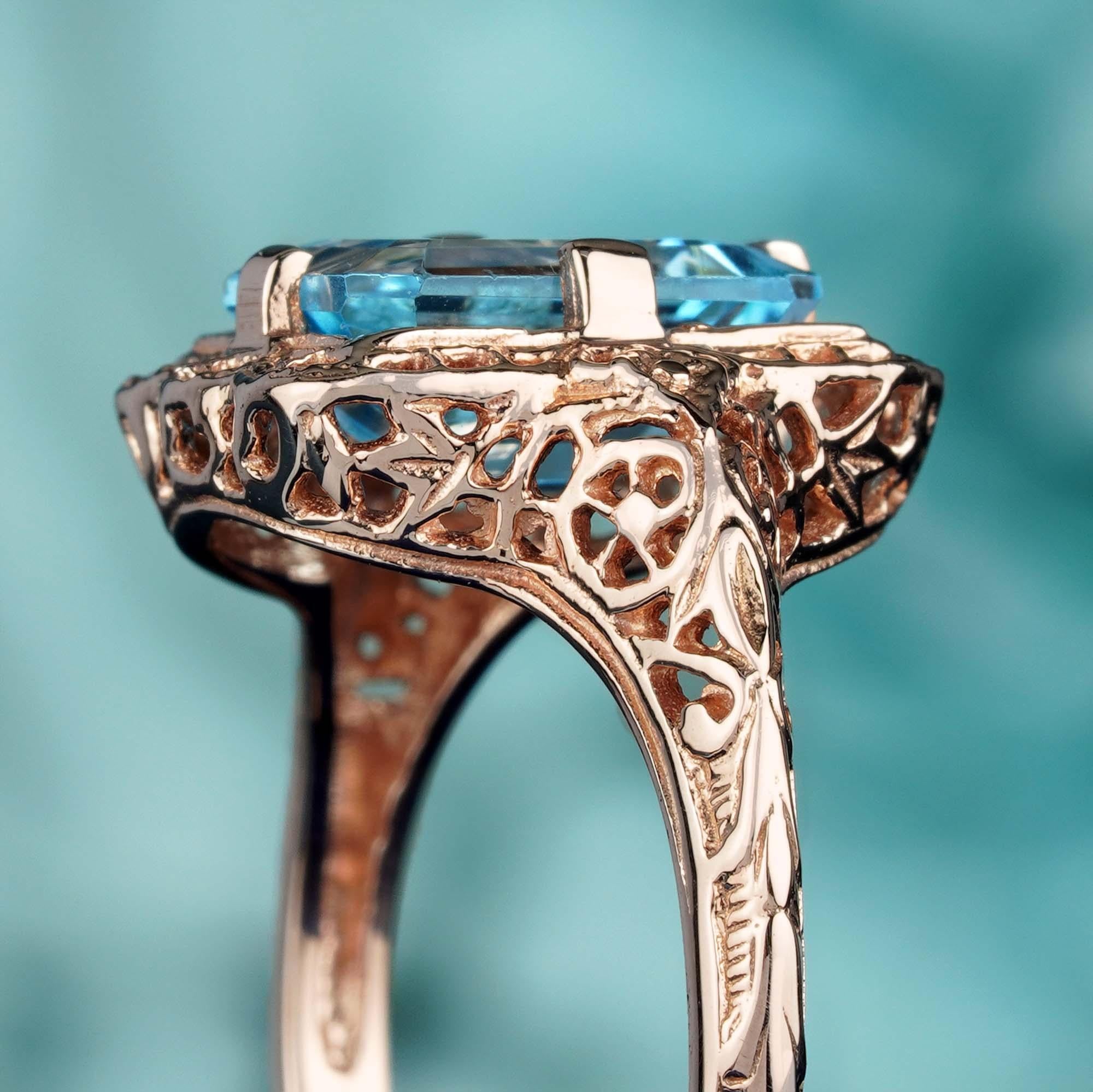 Natural Emerald Cut Blue Topaz Vintage Style Filigree Ring in Solid 9K Rose Gold For Sale 1