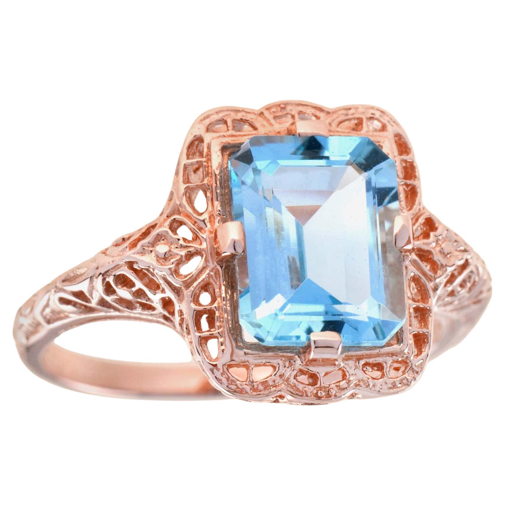 Natural Emerald Cut Blue Topaz Vintage Style Filigree Ring in Solid 9K Rose Gold For Sale
