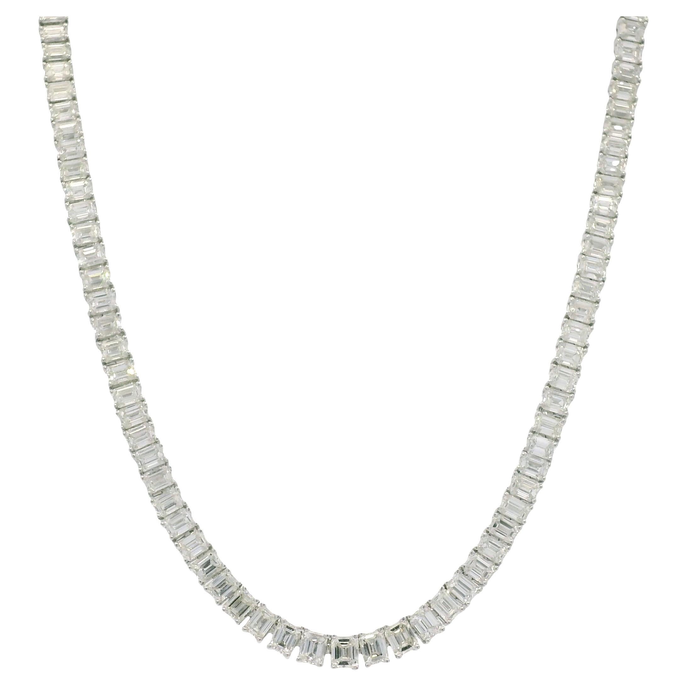 Natural Emerald Cut Diamond 18-Karat & Platinum Tennis Necklace In Stock