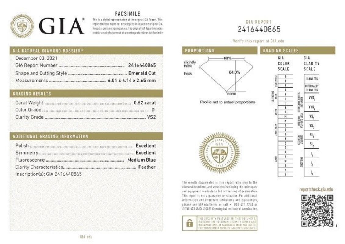 Natural Emerald Cut diamond in a 0.62 carat D VS2 with excellent cut and extremely shine. This diamond comes with a GIA Certificate sealed in a security Blister and a laser inscription number.

SKU: M-94

GIA: 2416440865