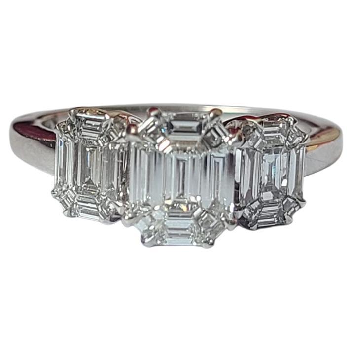 Natural Emerald Cut Diamonds Engagement / Wedding Ring Set in 18K White Gold