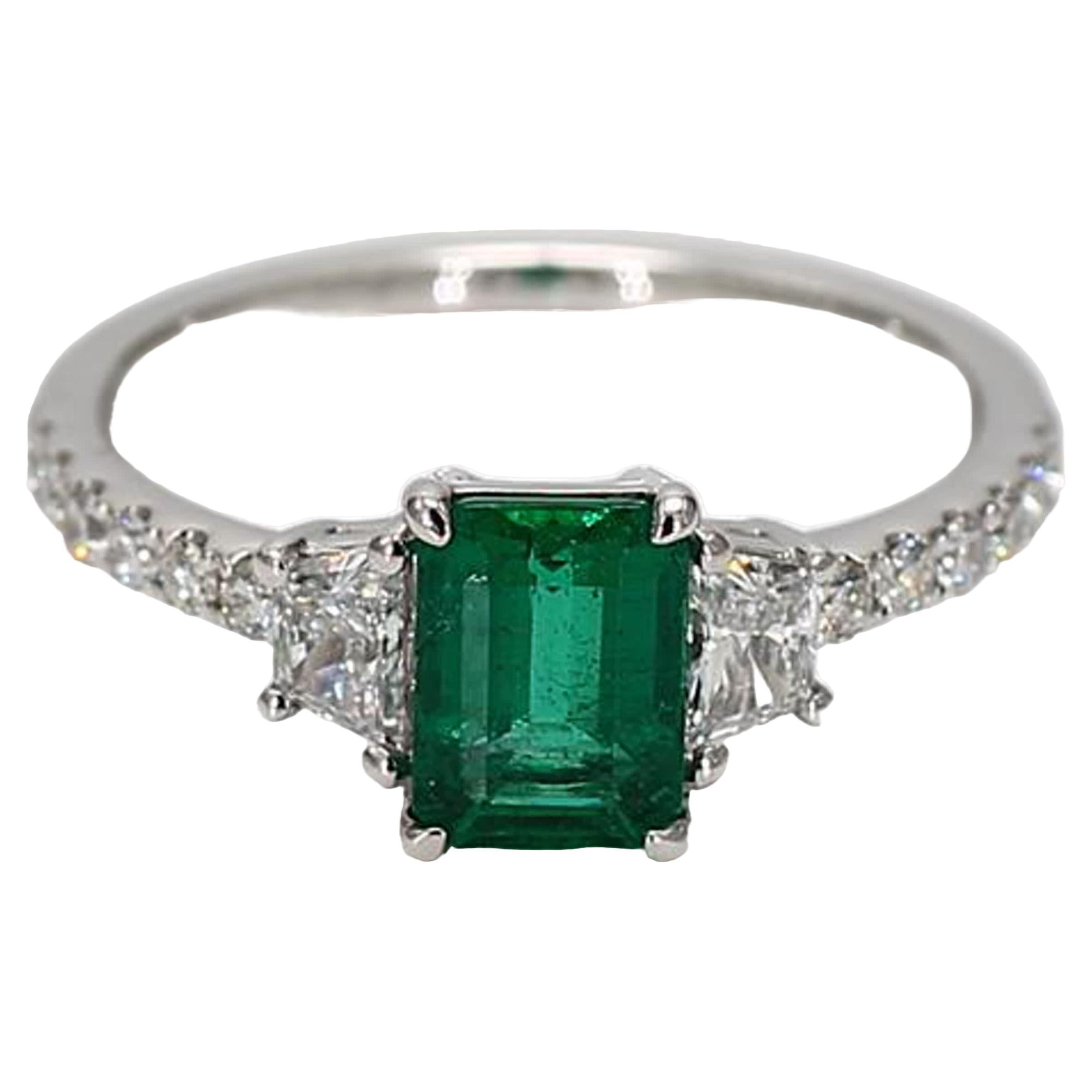 Natural Emerald Cut Emerald and White Diamond 1.45 Carat TW Gold Cocktail Ring For Sale