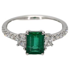 Natural Emerald Cut Emerald and White Diamond 1.45 Carat TW Gold Cocktail Ring