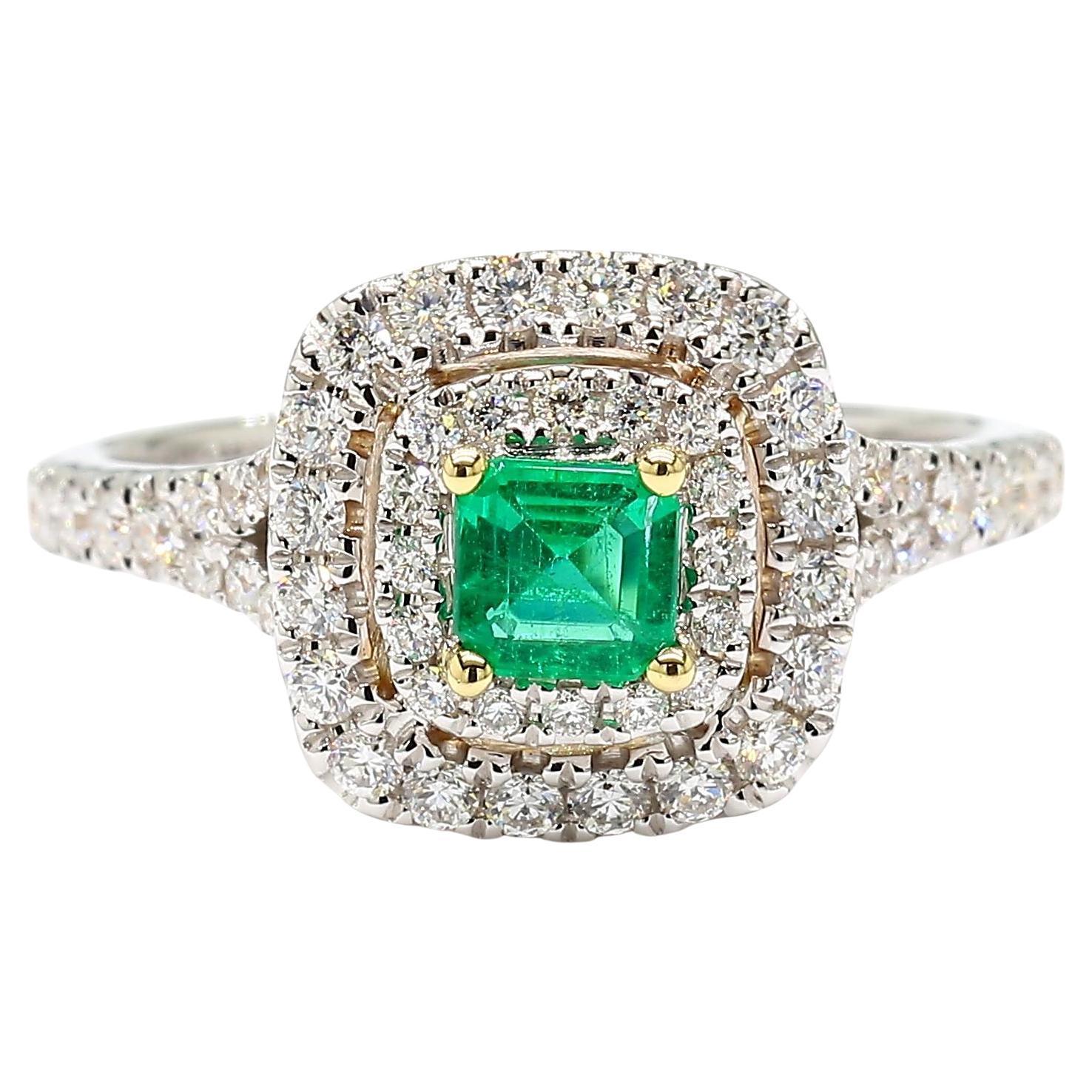 Natural Emerald Cut Emerald and White Diamond .74 Carat TW Gold Cocktail Ring