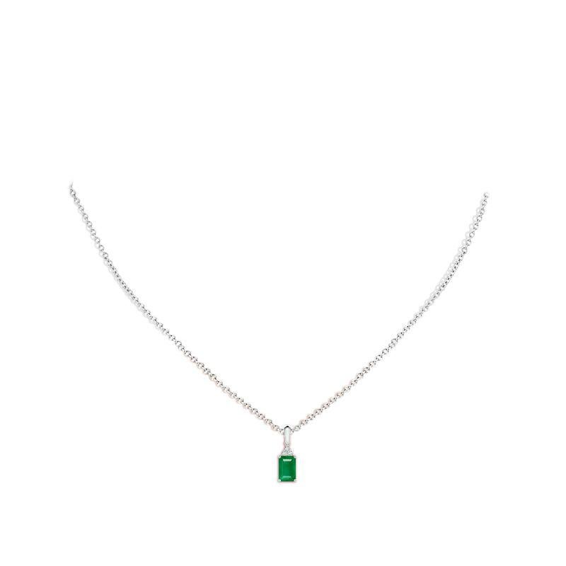 Emerald Cut Natural Emerald-Cut Emerald Pendant with Diamond in Platinum (Size-6x4mm) For Sale