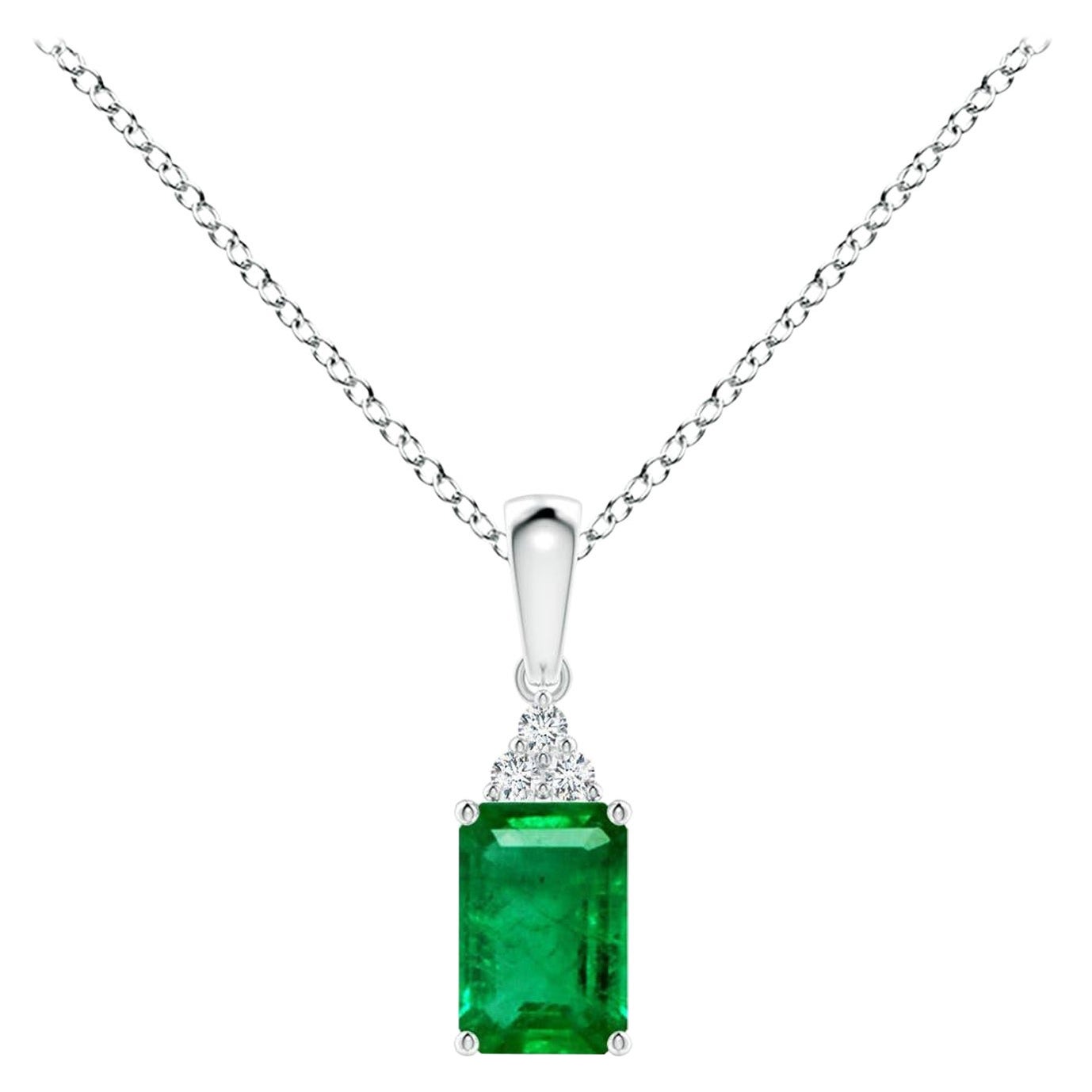Natural Emerald-Cut Emerald Pendant with Diamond in Platinum (Size-6x4mm)