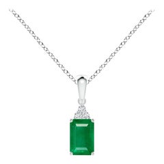 Natural Emerald-Cut Emerald Pendant with Diamond in Platinum (Size-6x4mm)