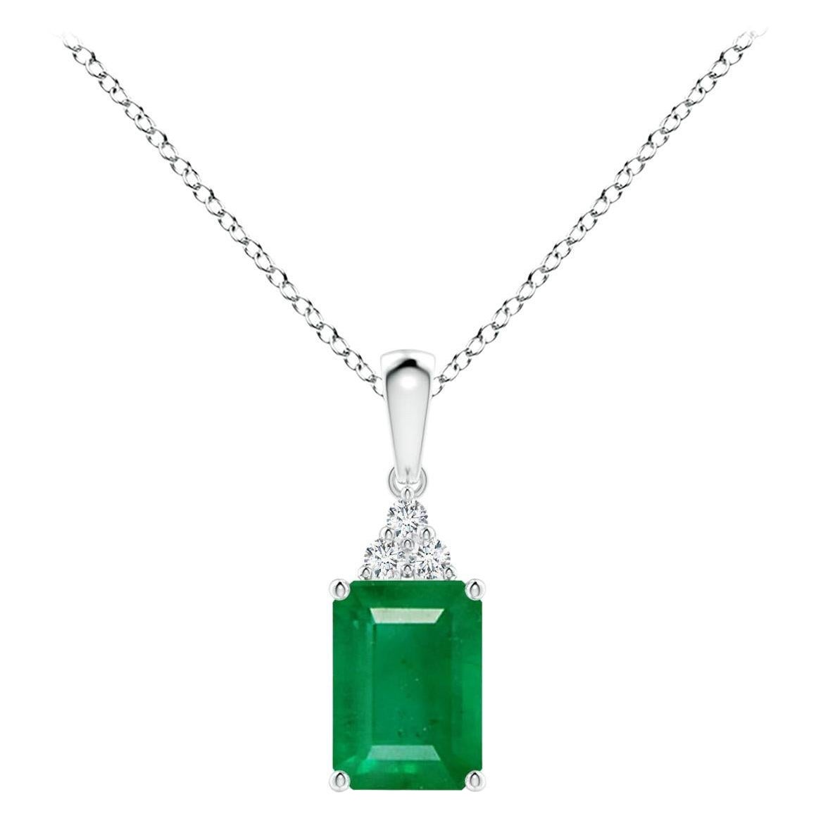 Natural Emerald-Cut Emerald Pendant with Diamond in Platinum (Size-7x5mm)