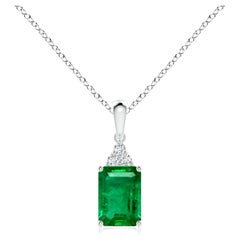 Natural Emerald-Cut Emerald Pendant with Diamond in Platinum (Size-7x5mm)
