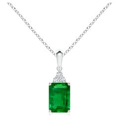 Natural Emerald-Cut Emerald Pendant with Diamond in Platinum (Size-7x5mm)
