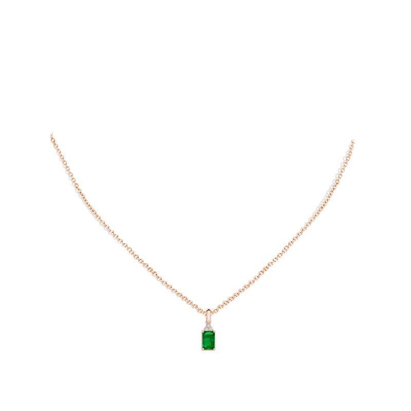 Emerald Cut Natural Emerald-Cut Emerald Pendant with Diamond in Rose Gold Size-6x4mm For Sale
