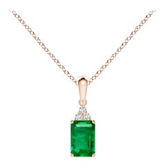 Natural Emerald-Cut Emerald Pendant with Diamond in Rose Gold Size-6x4mm