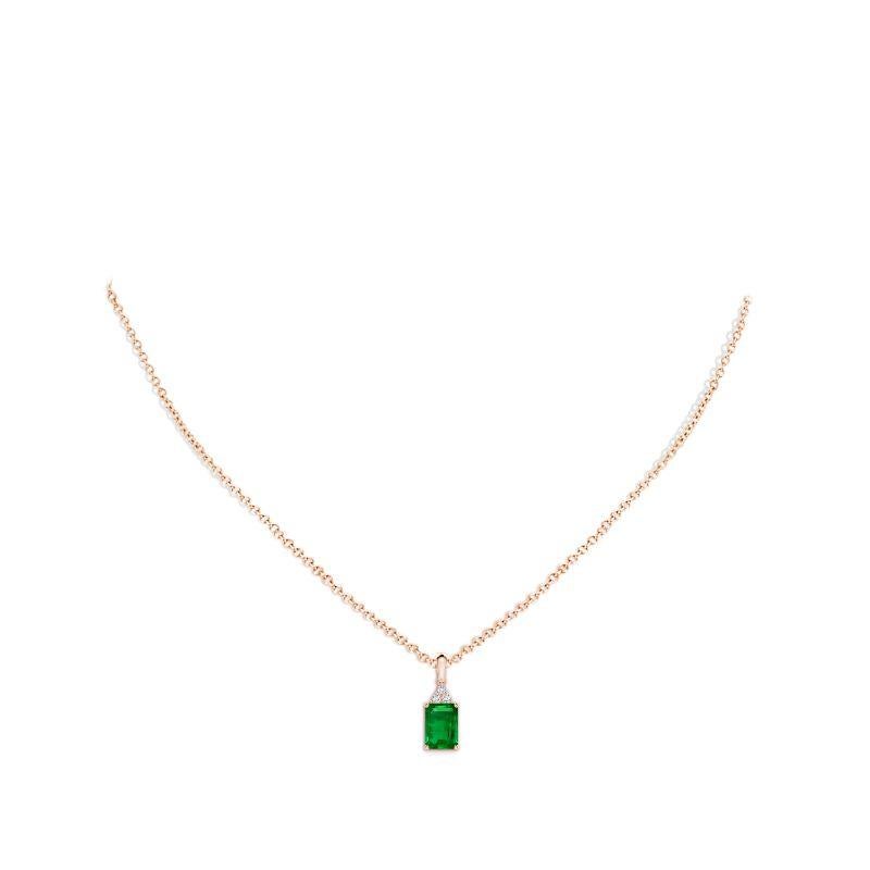 Emerald Cut Natural Emerald-Cut Emerald Pendant with Diamond in Rose Gold Size-7x5mm For Sale