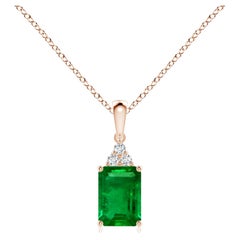 Natural Emerald-Cut Emerald Pendant with Diamond in Rose Gold Size-7x5mm