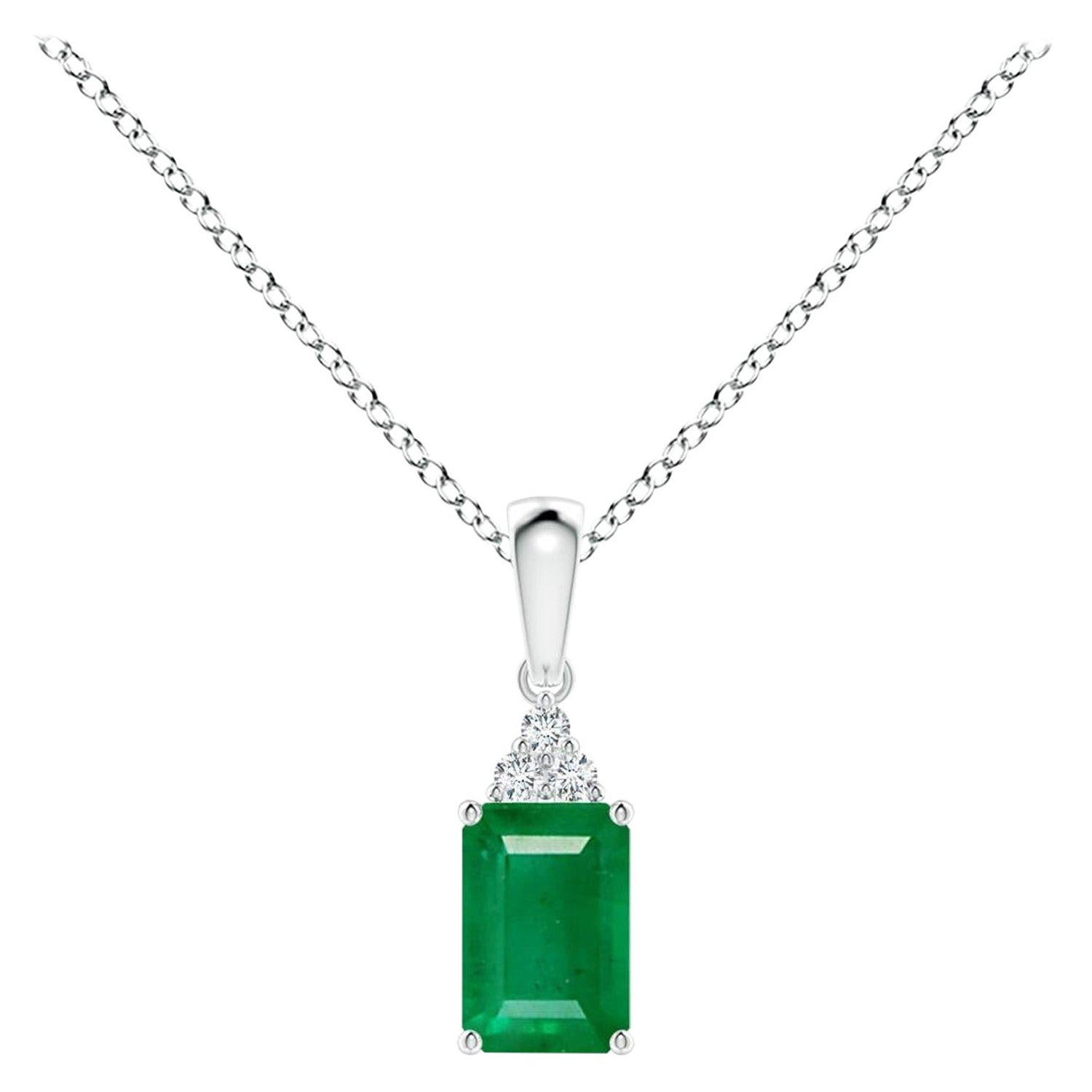 Natural Emerald-Cut Emerald Pendant with Diamond in White Gold Size-6x4mm