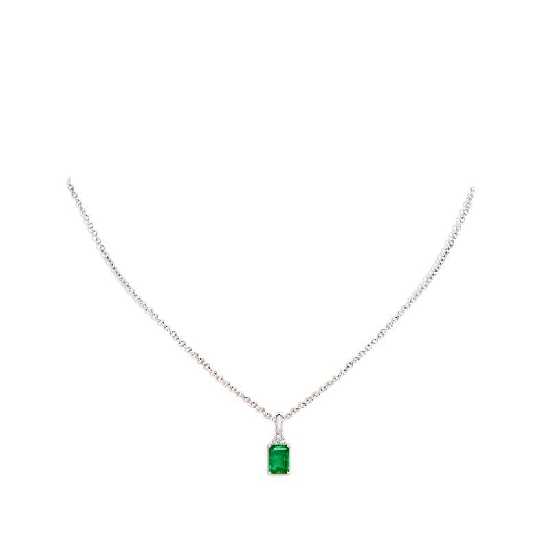Emerald Cut Natural Emerald-Cut Emerald Pendant with Diamond in White Gold Size-7x5mm For Sale