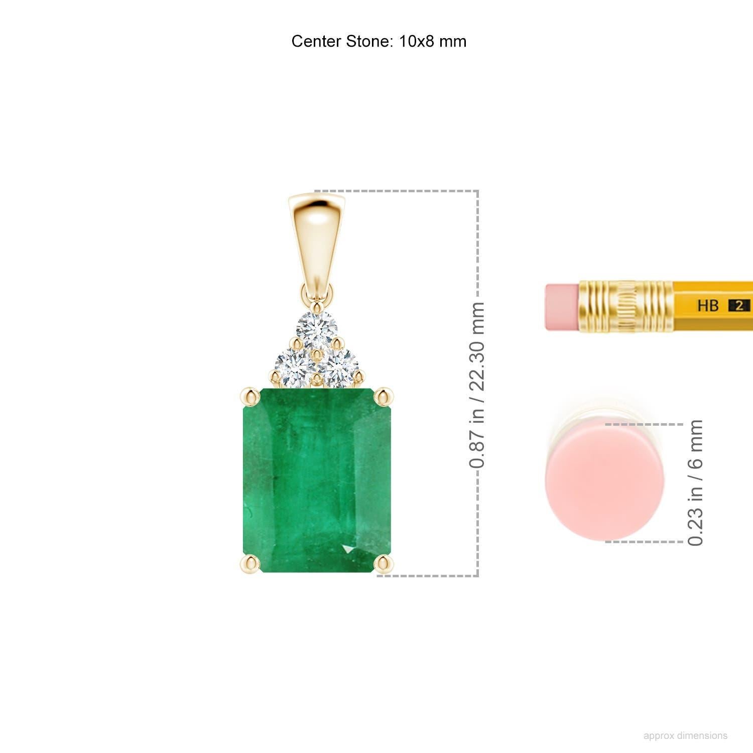 Modern Natural Emerald-Cut Emerald Pendant with Diamond Trio in 18K Yellow Gold For Sale