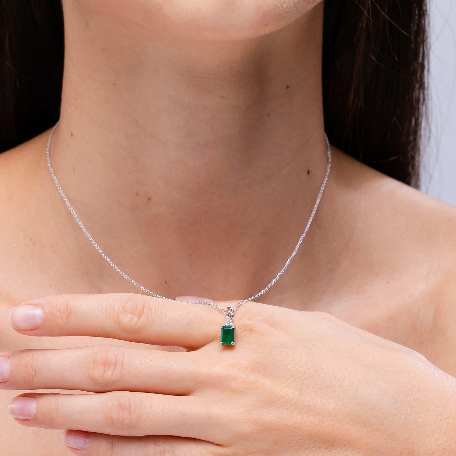 Women's Natural Emerald-Cut Emerald Pendant with Diamond Trio in 18K Yellow Gold For Sale